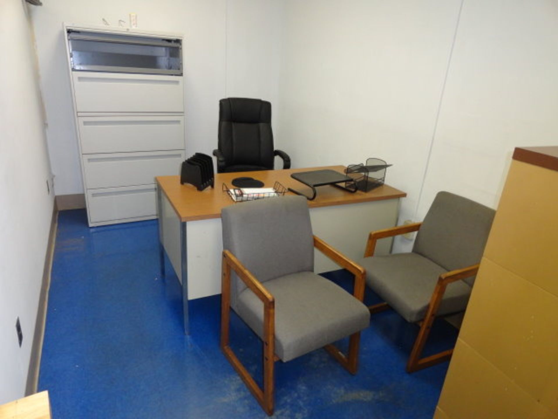 Contents of Office: (4) Wood Top Desks, (6) Office Chairs, 5 Drawer Lateral File Cabinet & 4 - Image 2 of 6