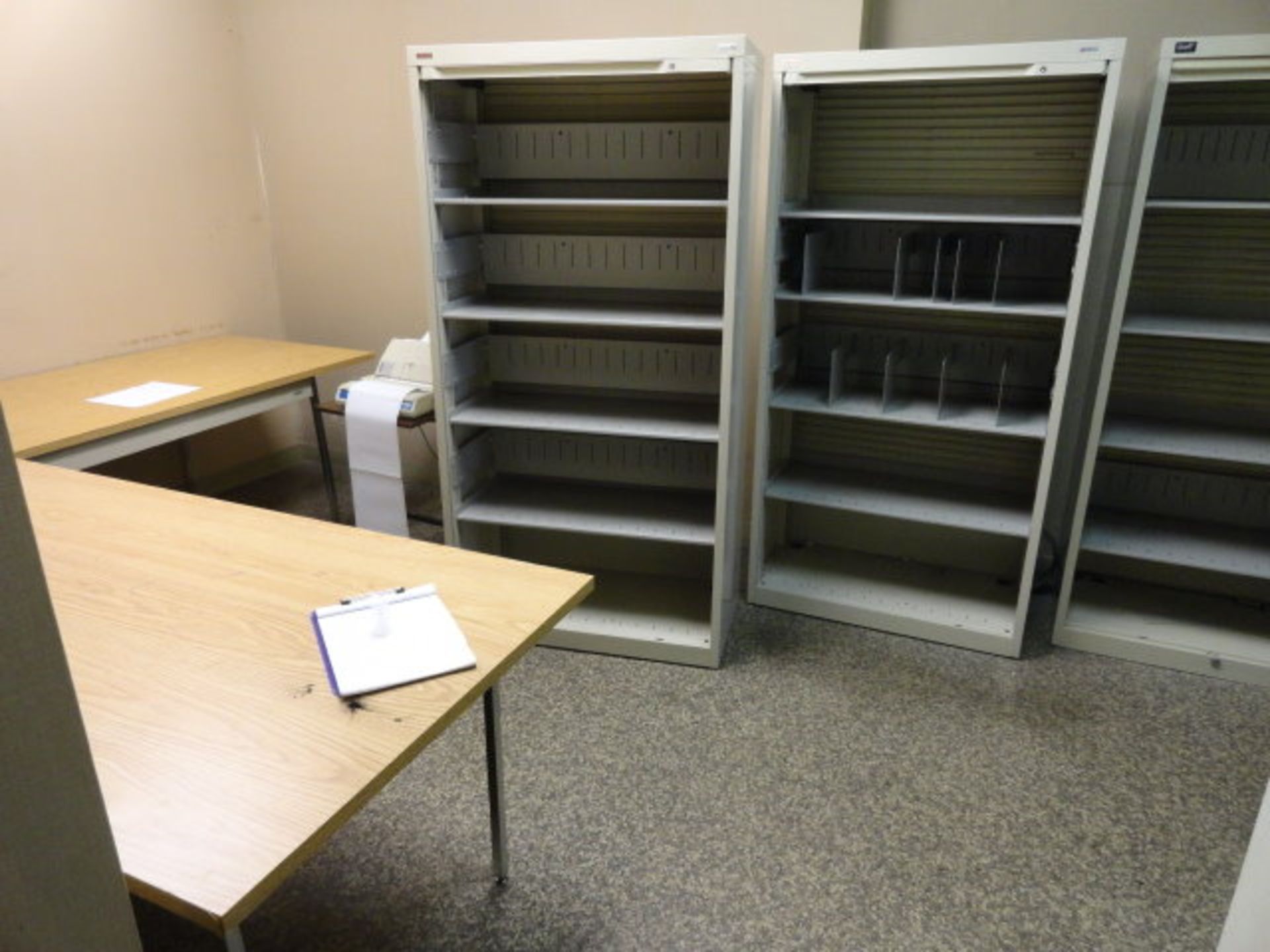 Office Furniture: (3) 5 Shelf File Cabinets with roll up door, (1) 6' Table, (1) 8' Table, (2) 4 - Image 3 of 5