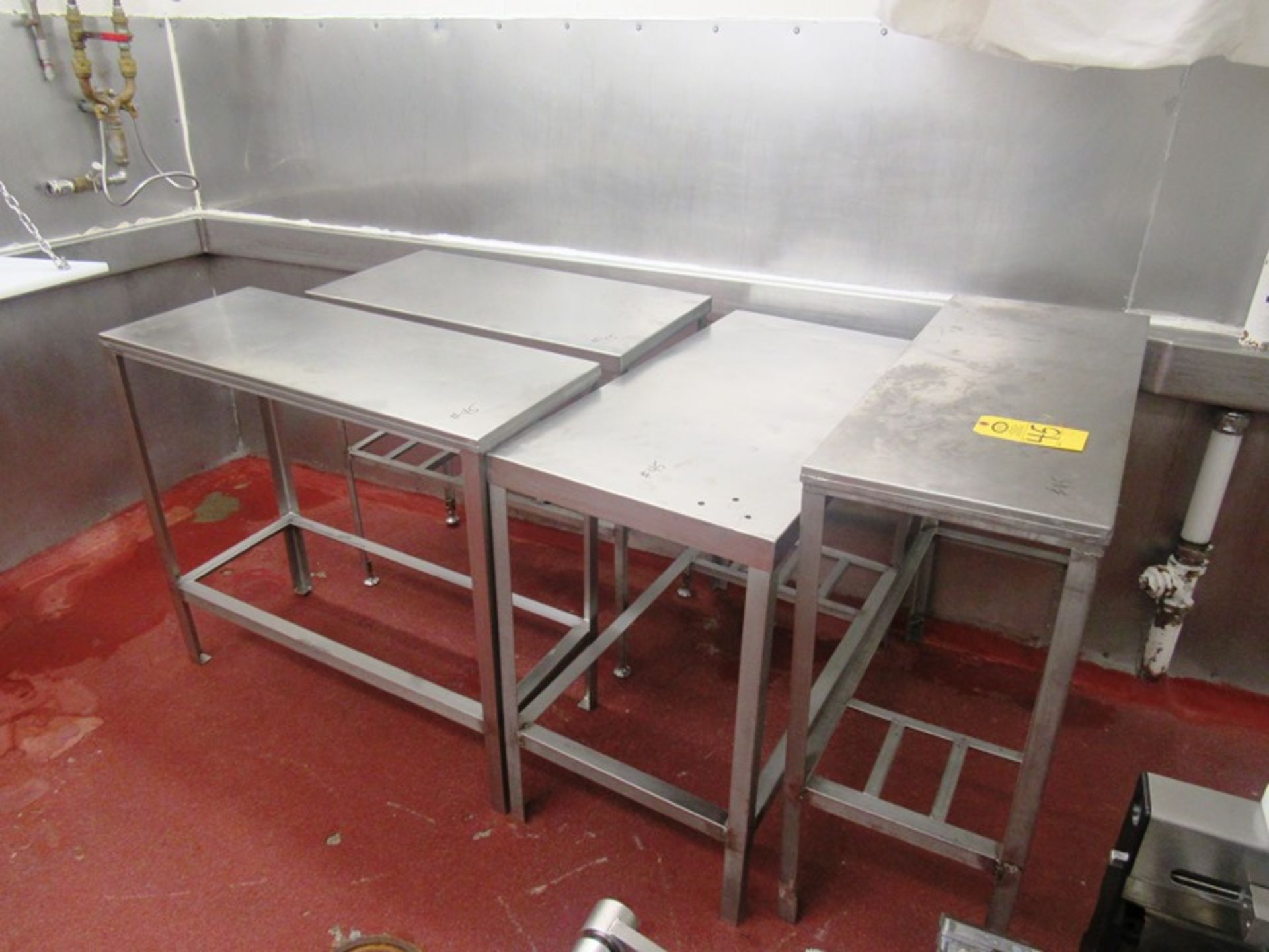 Stainless Steel Tables, (2) 16" W X 40" L, (1) 18" W X 36" L, (1) 21" W X 40" L