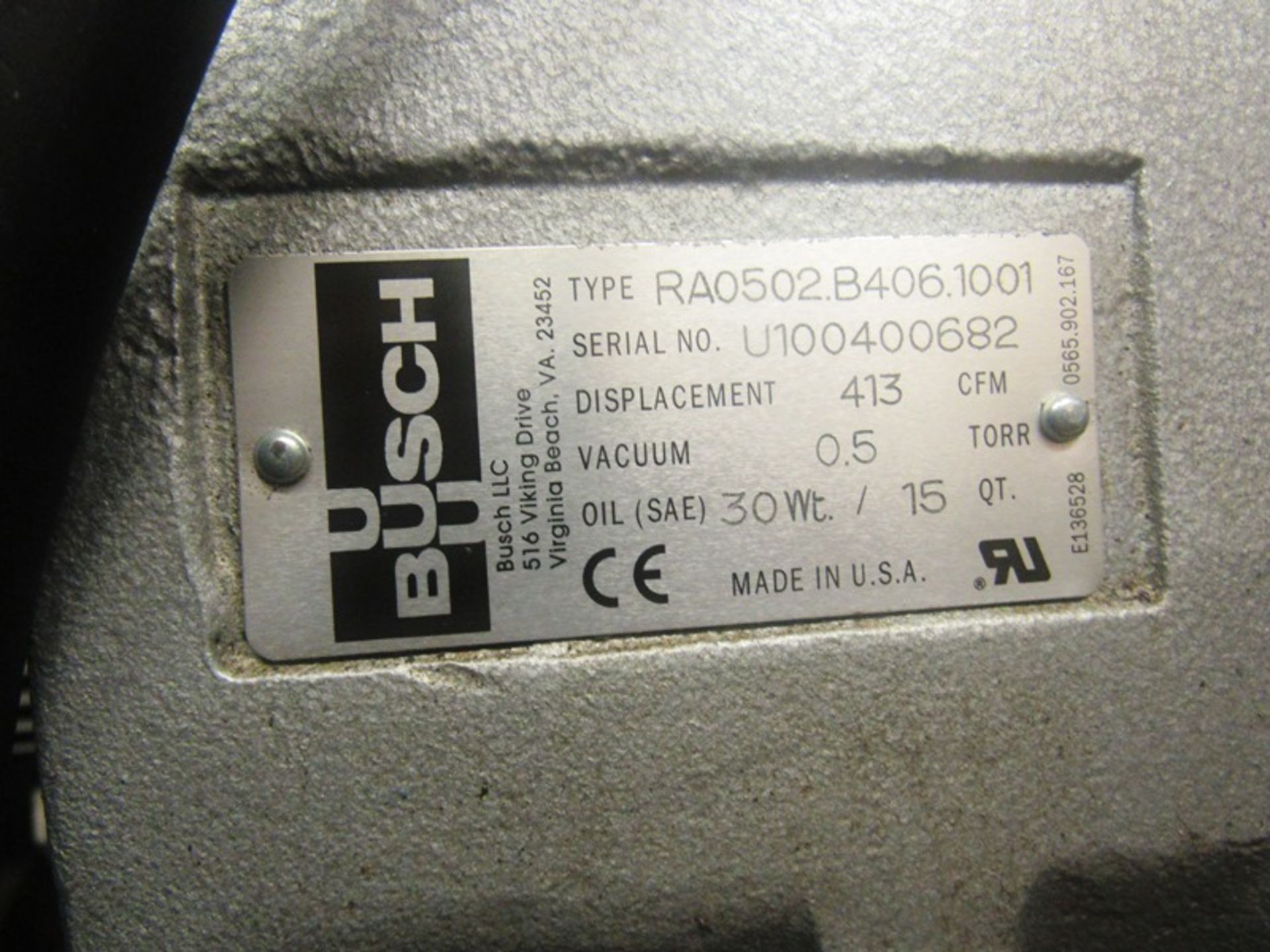 Busch Mdl. RAO502B406.1001 Vacuum Pump, Ser. #U100400682, 230/460 volts, 20 h.p. - Image 3 of 3