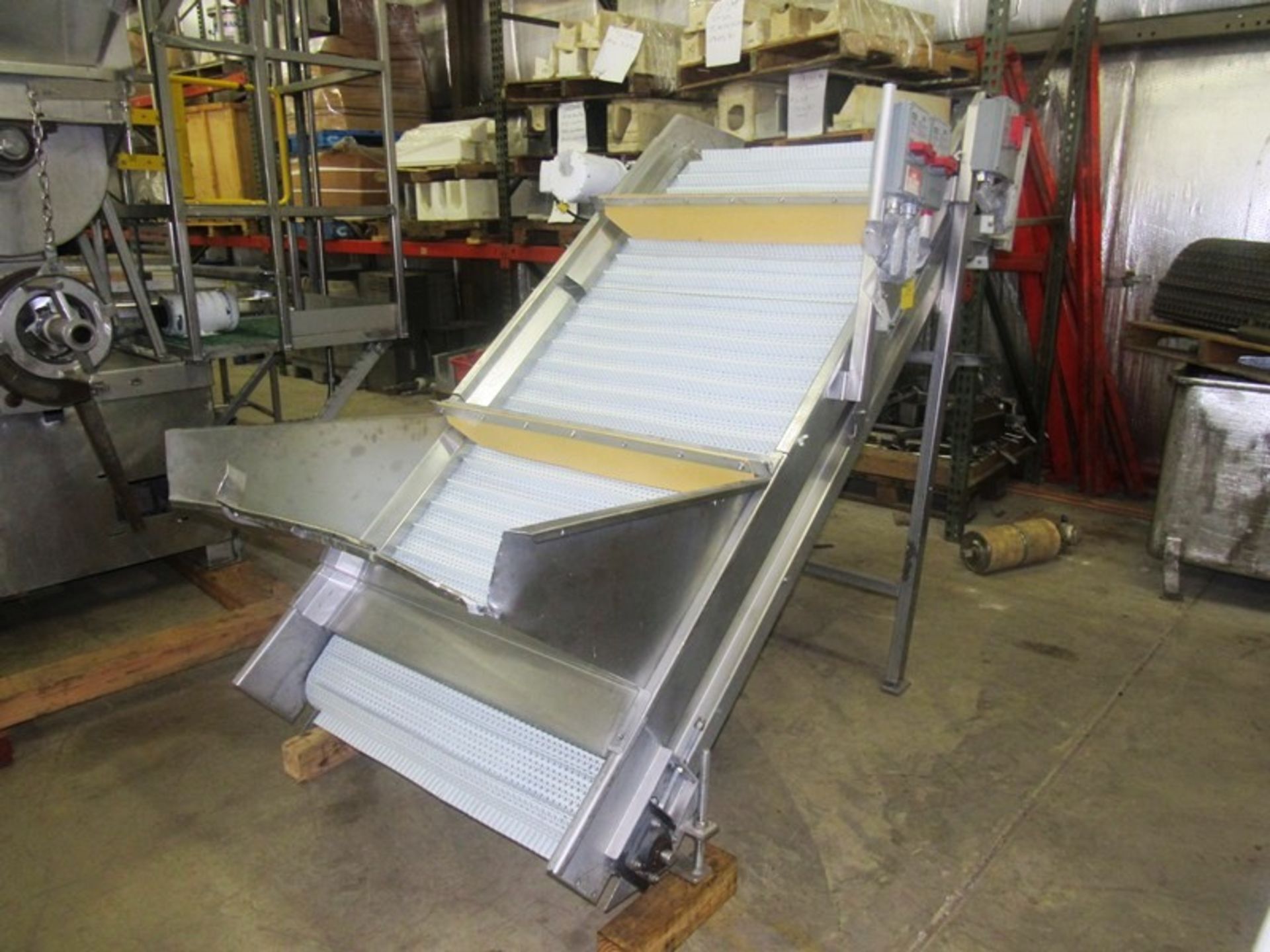 Stainless Steel Incline Conveyor, 39" W X 8' L flighted plastic belt, 1 1/2" high, flights spaced 3"