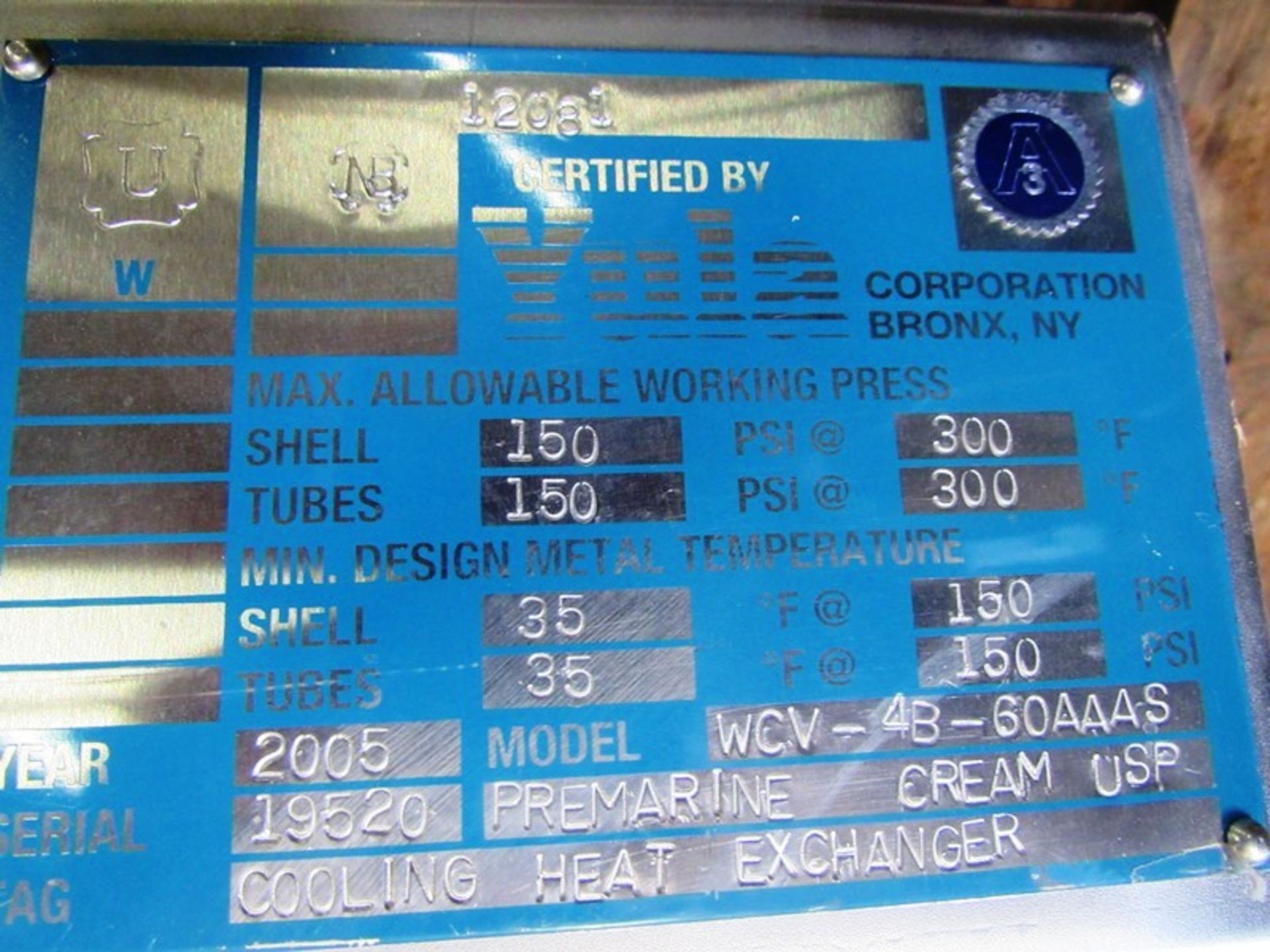 Yula Mdl. WCV-48-60AAAS Pre Marine Cream USP Cooling Heat Exchanger, Ser. #19520, Mfg. 2005, - Image 4 of 4