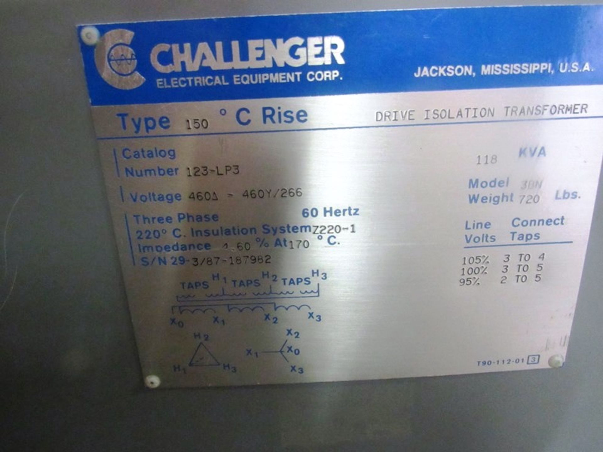 Challenger Mdl. 3BN Drive Isolation Transformer C-Rise Type 150º, KVA 118, Cat. #123LP3, voltage - Image 3 of 3