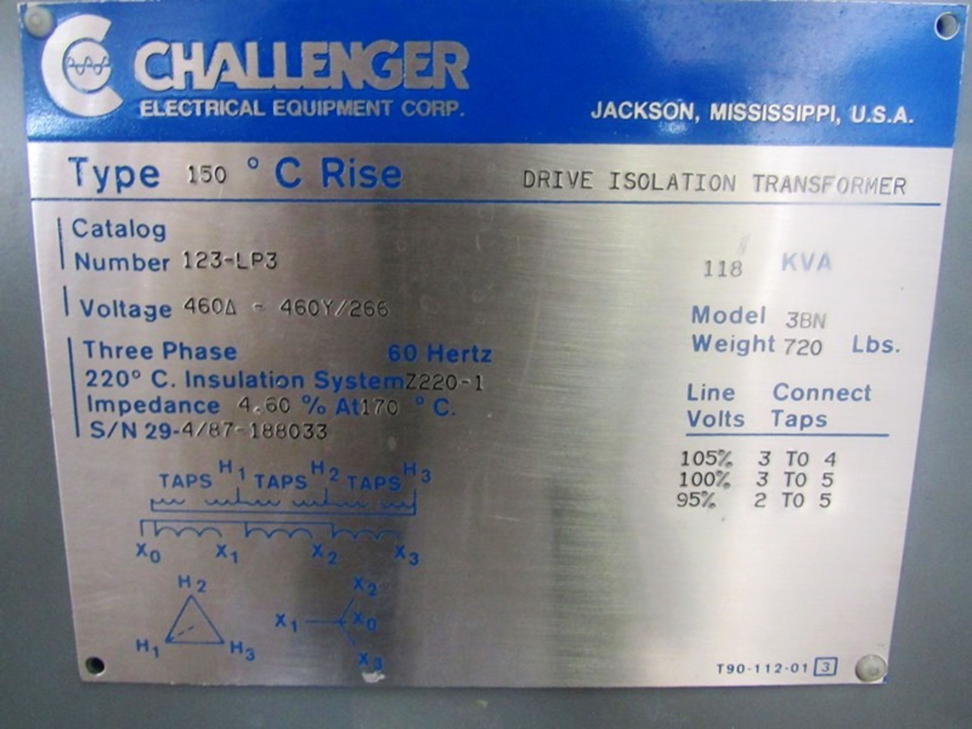 Challenger Mdl. 3BN Drive Isolation Transformer C-Rise Type 150º, KVA 118, Cat. #123LP3, voltage - Image 3 of 3