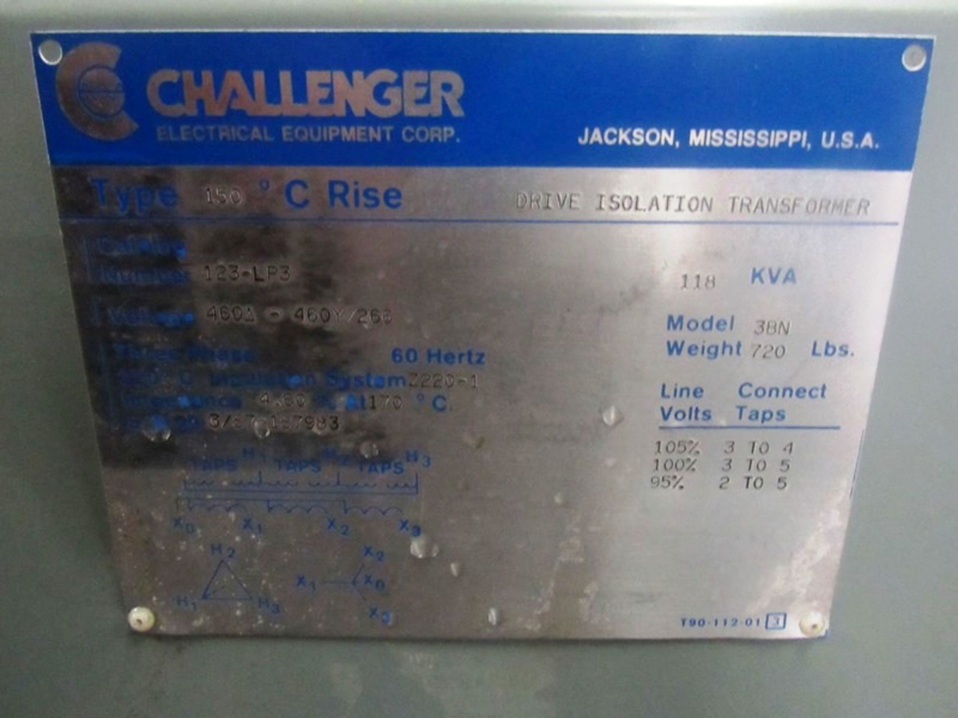 Challenger Mdl. 3BN Drive Isolation Transformer C-Rise Type 150º, KVA 118, Cat. #123LP3, voltage - Image 3 of 3