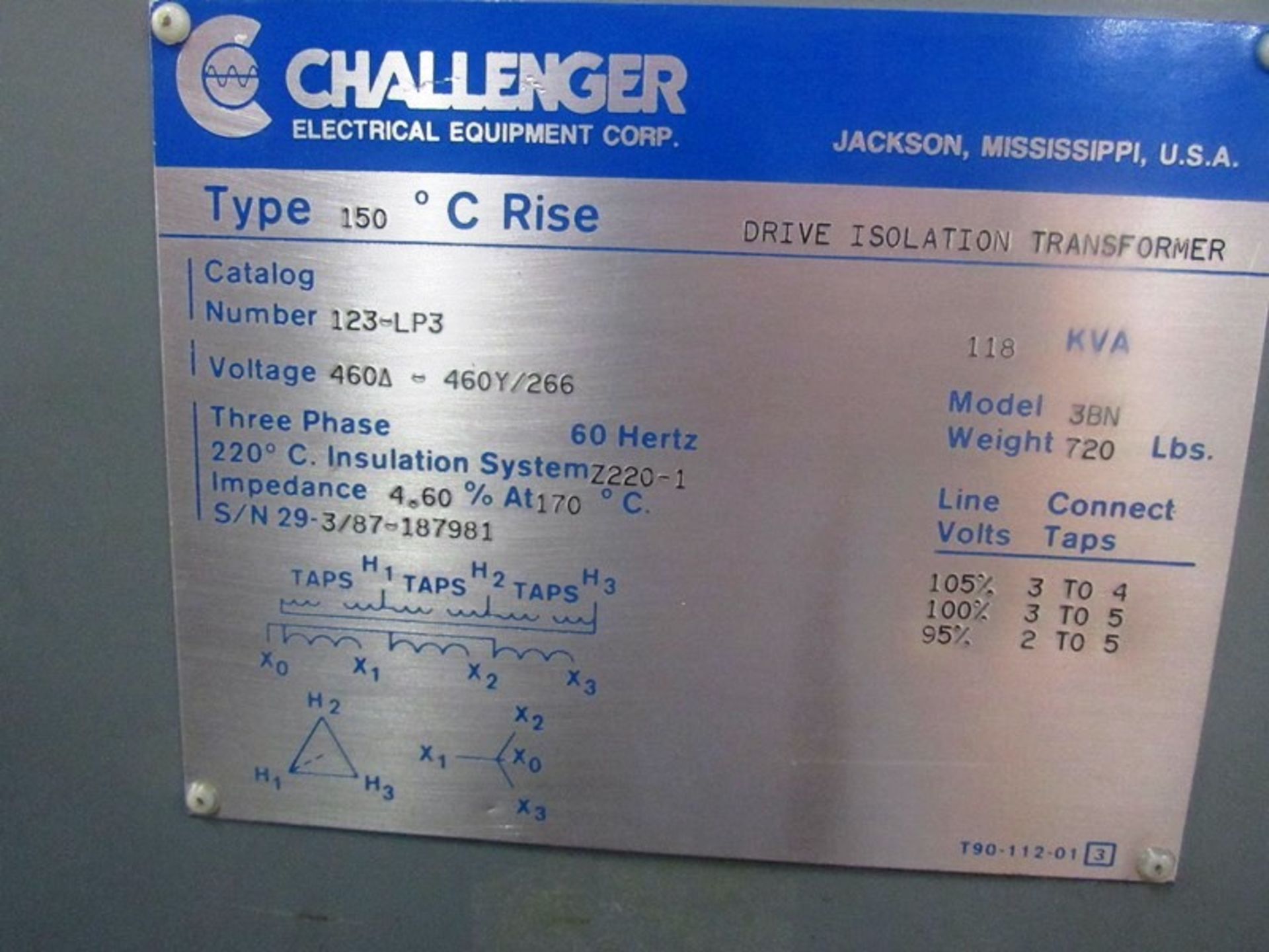 Challenger Mdl. 3BN Drive Isolation Transformer C-Rise Type 150º, KVA 118, Cat. #123LP3, voltage - Image 3 of 3