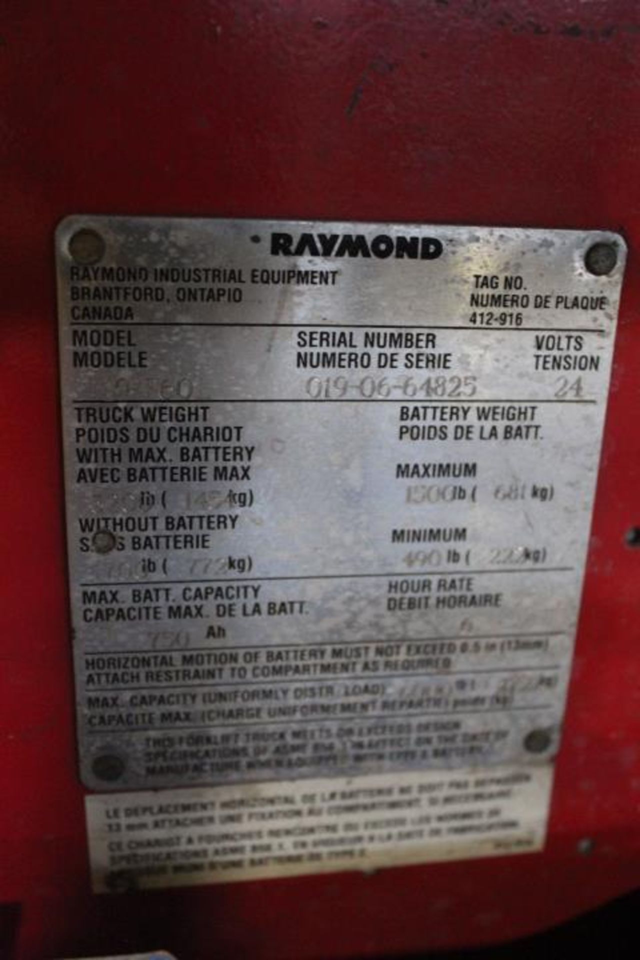 1X, RAYMOND PT433, 19-F60L-ELF 2006, 1620 HOURS (EXPIRED LTI) COMES WITH BATTERY, - Image 8 of 9