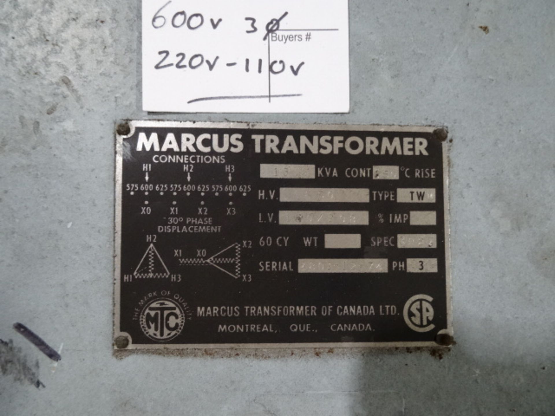 1X MARCUS 15 KVA TRANSFORMER 600V 220V-110 - Image 2 of 3