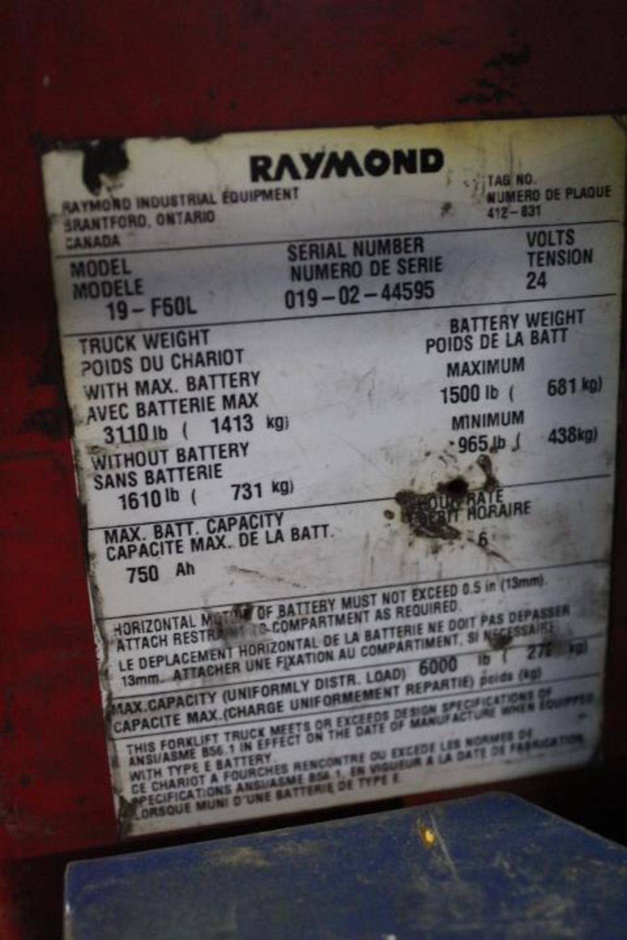 1X, RAYMOND PT423, 19-F60L-ELF 2002, 3871 HOURS, (EXPIRED LTI) COMES WITH BATTERY, PT-423 - Image 8 of 9
