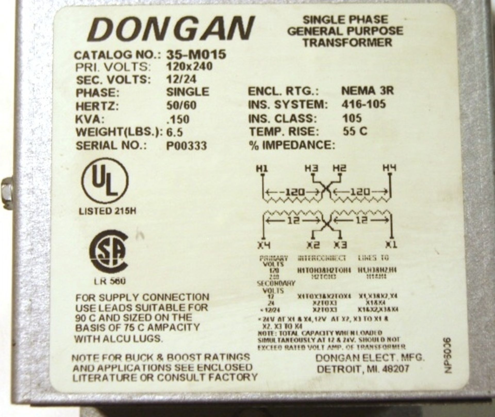 DONGAN 35-M015 SINGLE PHASE TRANSFORMER - Image 2 of 2