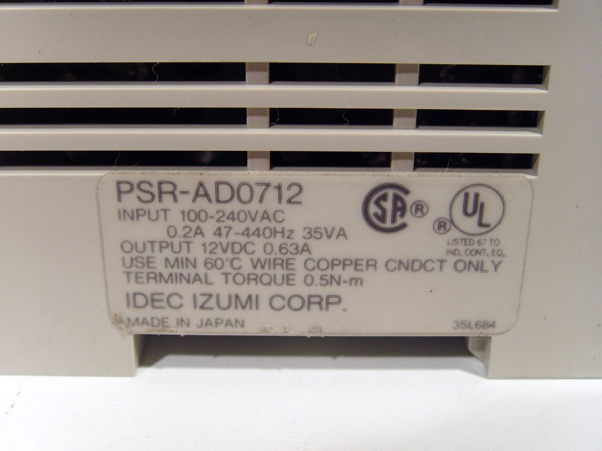 Idec PSR-AD0712 Power Supply, 12VDC/.63A - Image 3 of 3