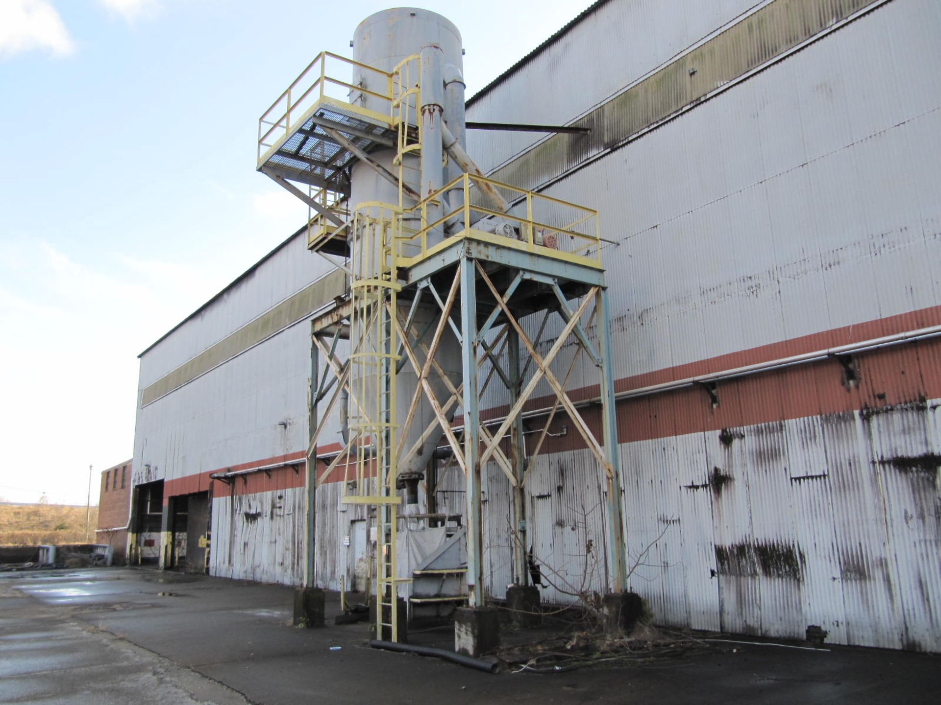 Dust collector, Cyclone type, approx. 30' straight side, 8' dia., top platform blower, bag fill