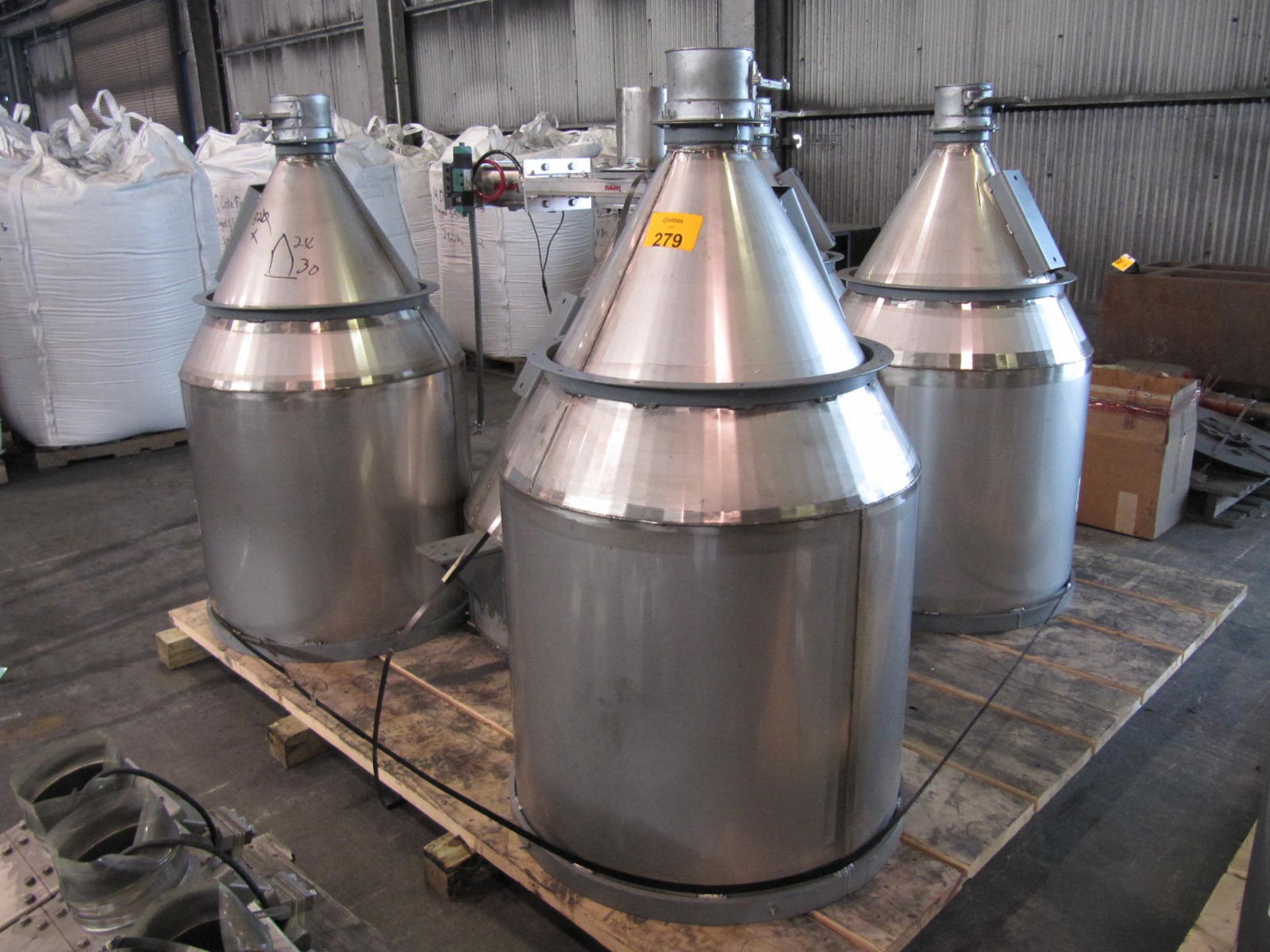 Lot of (5) stainless steel hoppers with (4) vibratory feed tubes