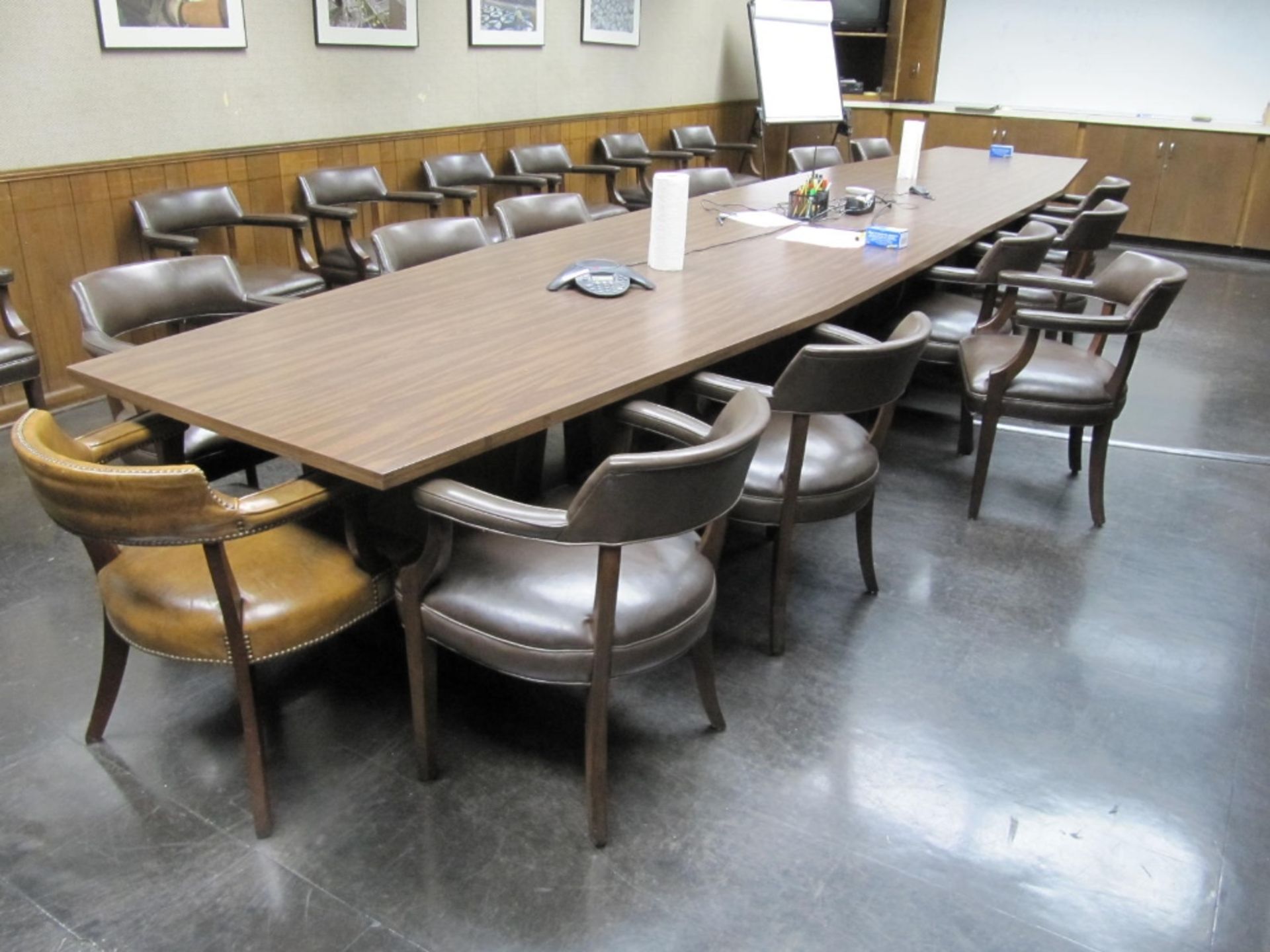 Lot of office furniture including 20' X 4' table, 25 matching chairs, Epson projector, Panasonic