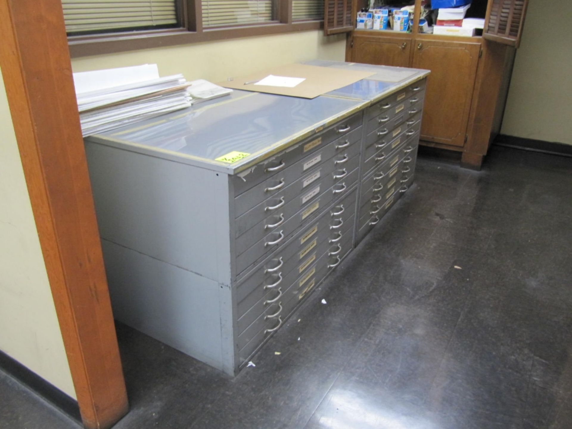 Lot of office furniture including desk, table, (2) chairs, (4) 5 drawer flat files, and contents of