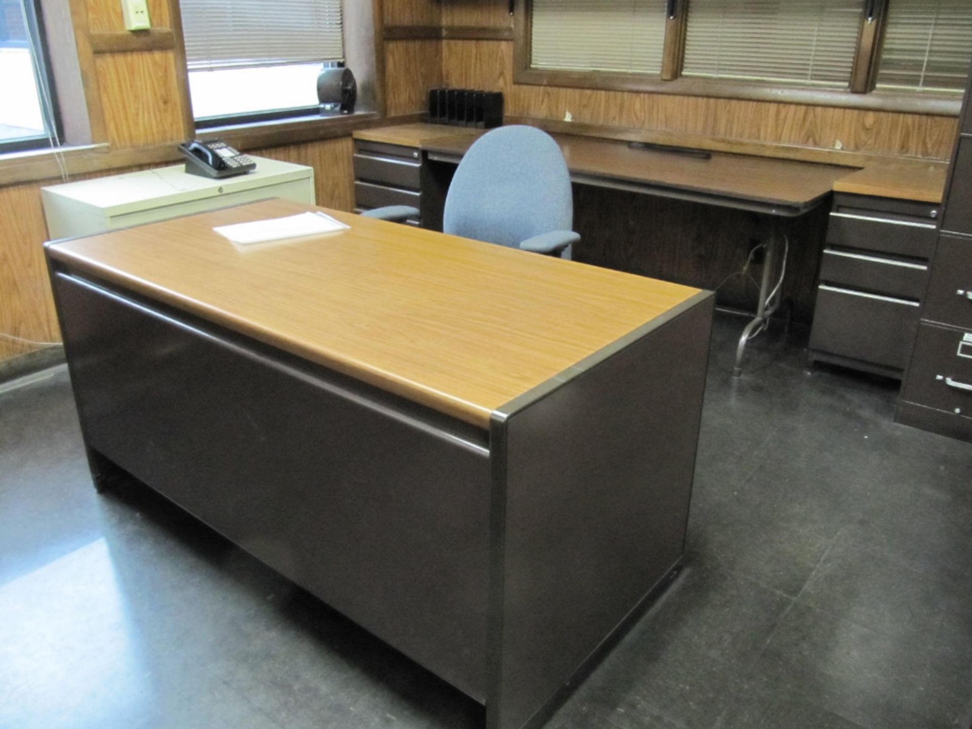 Lot of office furniture including desk, table, (3) chairs, (2) bookcases, and (10) assorted files (