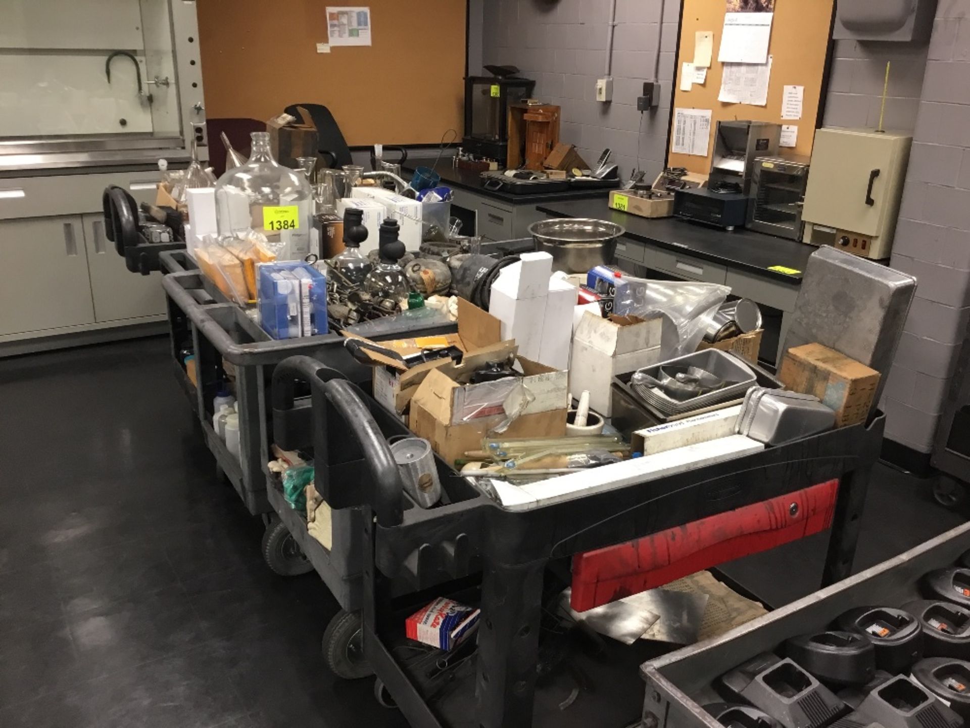 Lot of assorted lab supplies on 5 shop carts (carts included)