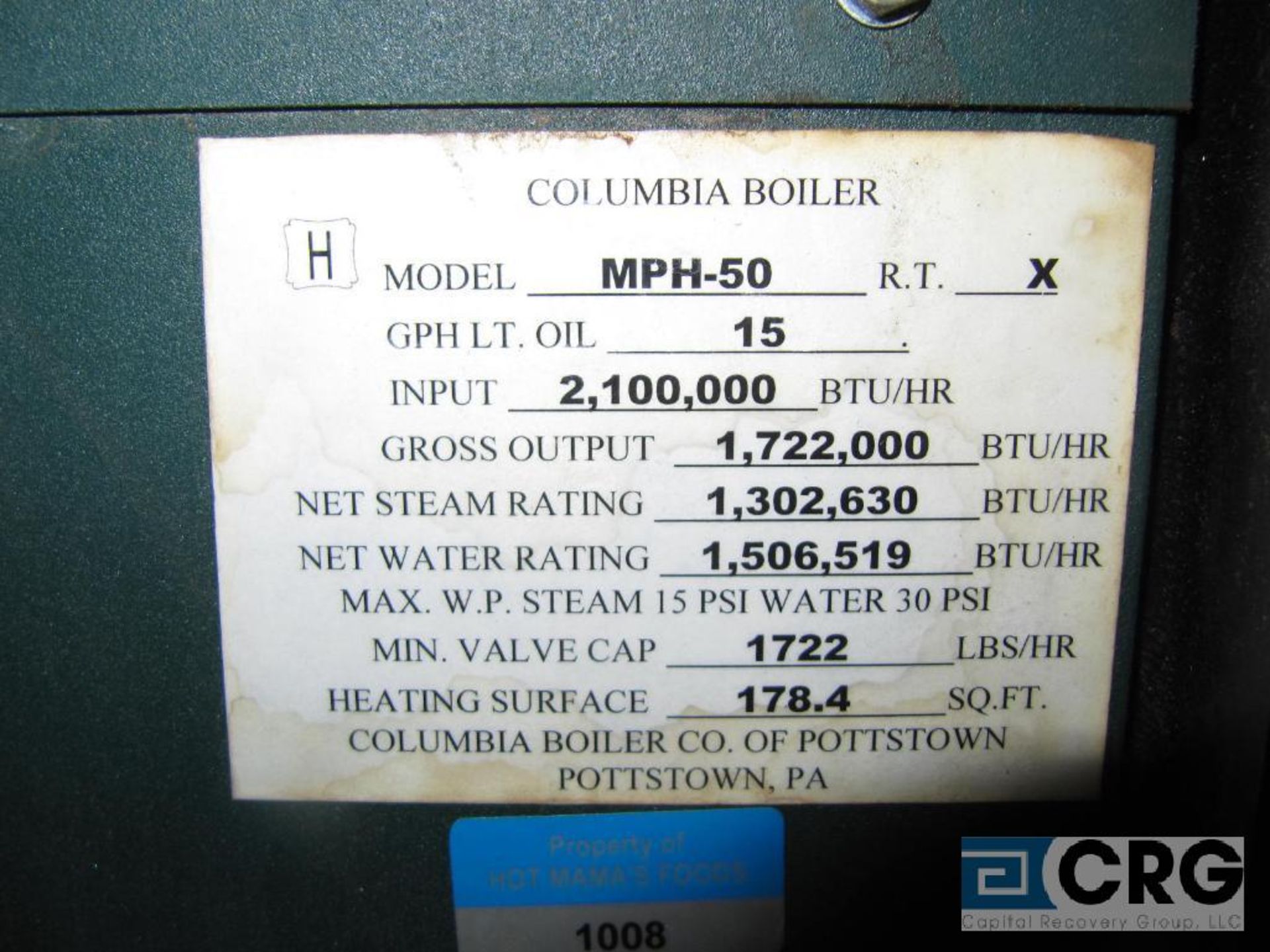 Colombia gas fired boiler, model MPH-50, gross output 1,722,000 BTU/HR, net steam rating 1,302,630 - Image 2 of 4