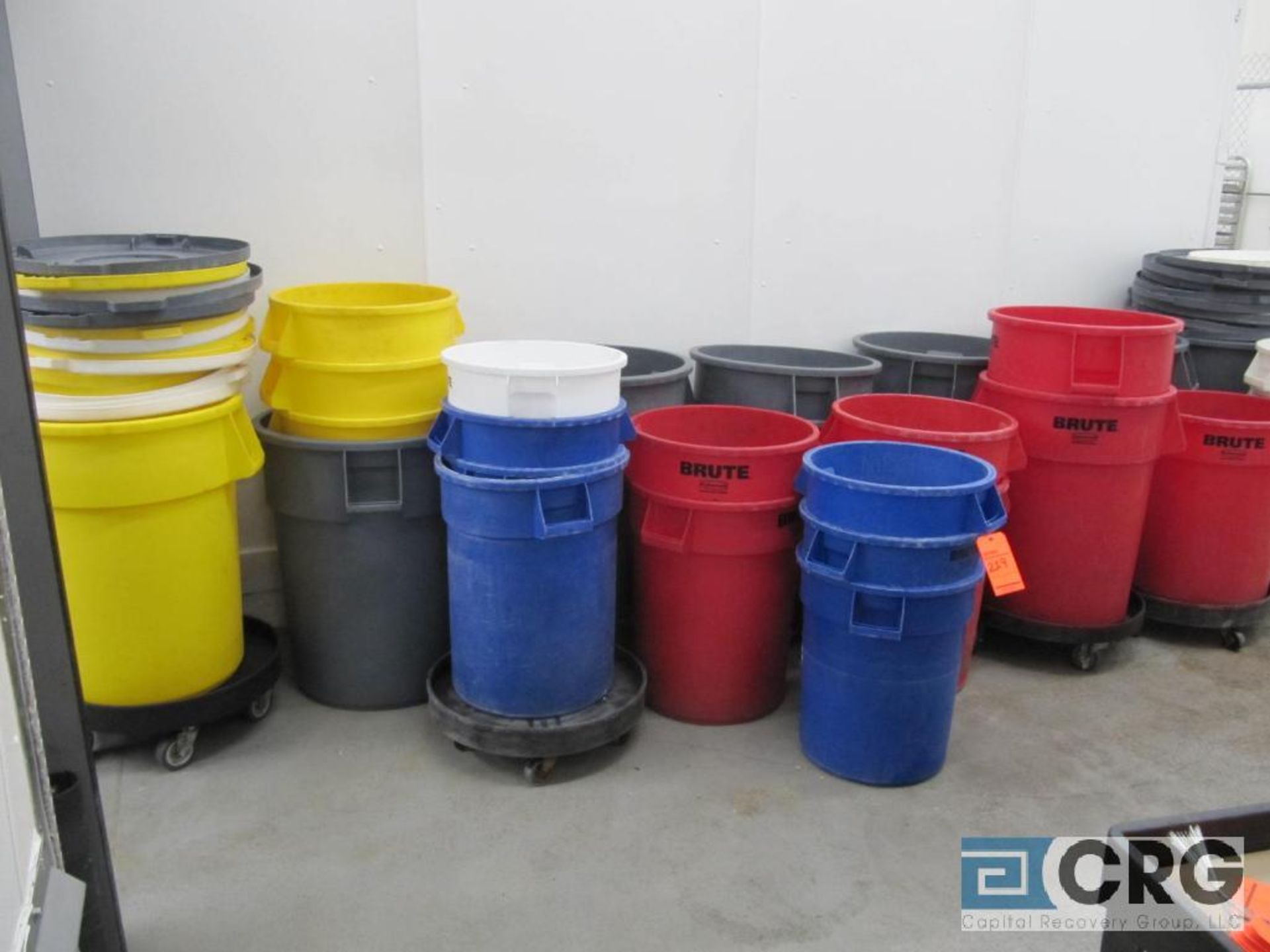 Lot consisting of: plastic trash cans, plastic bins, plastic lids, plastic tub 45" X 37" X 21" deep,
