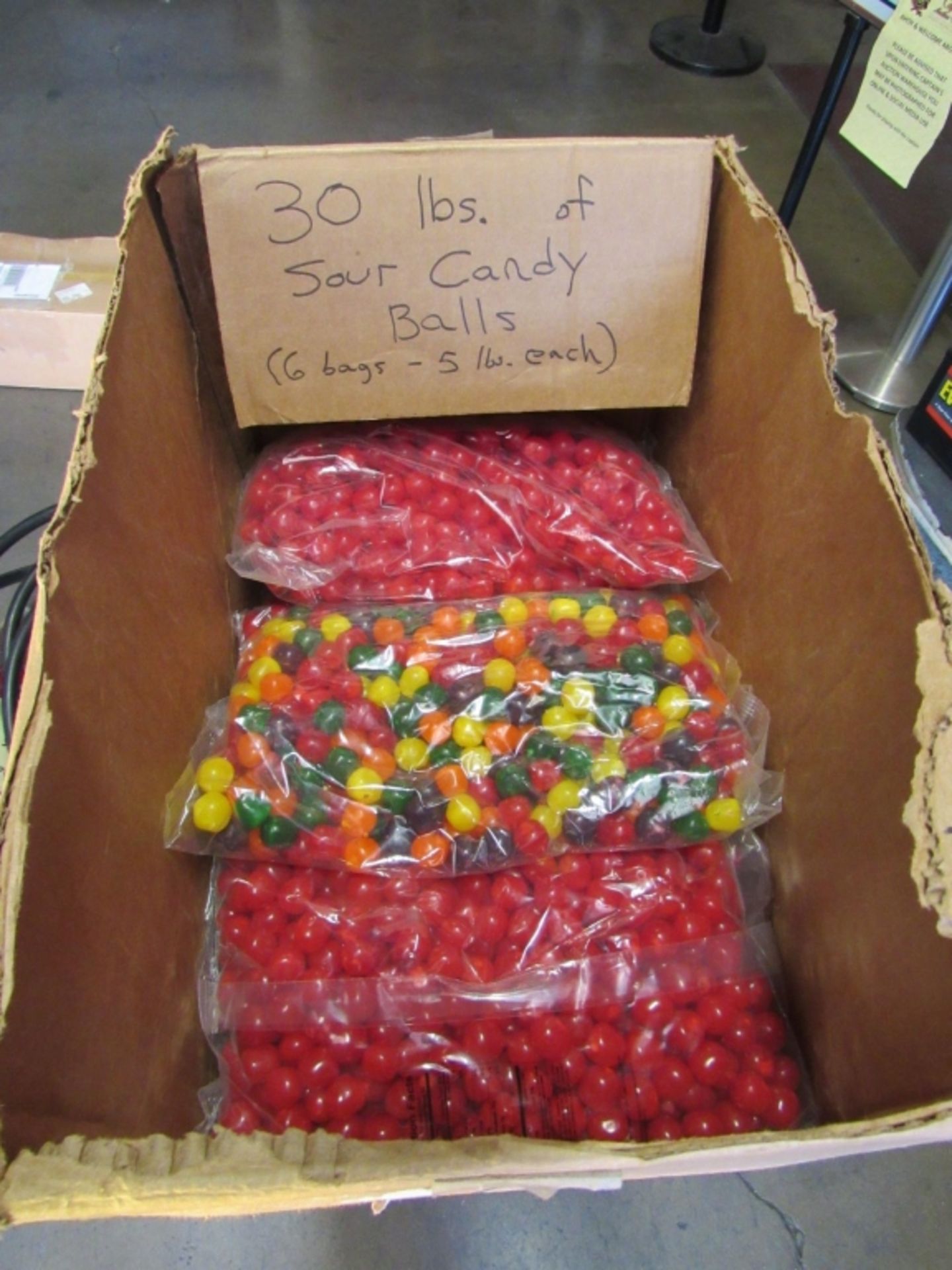 6 BAG LOT SEALED SOUR CANDY 30 LBS. FOR MACHINE Check pictures for details. NOTE: 6 BAGS TOTAL 30