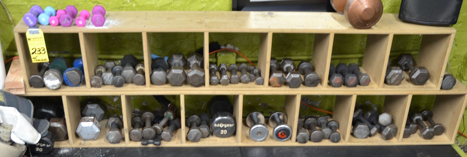 LOT- DUMBBELLS W/ WOODEN RACK