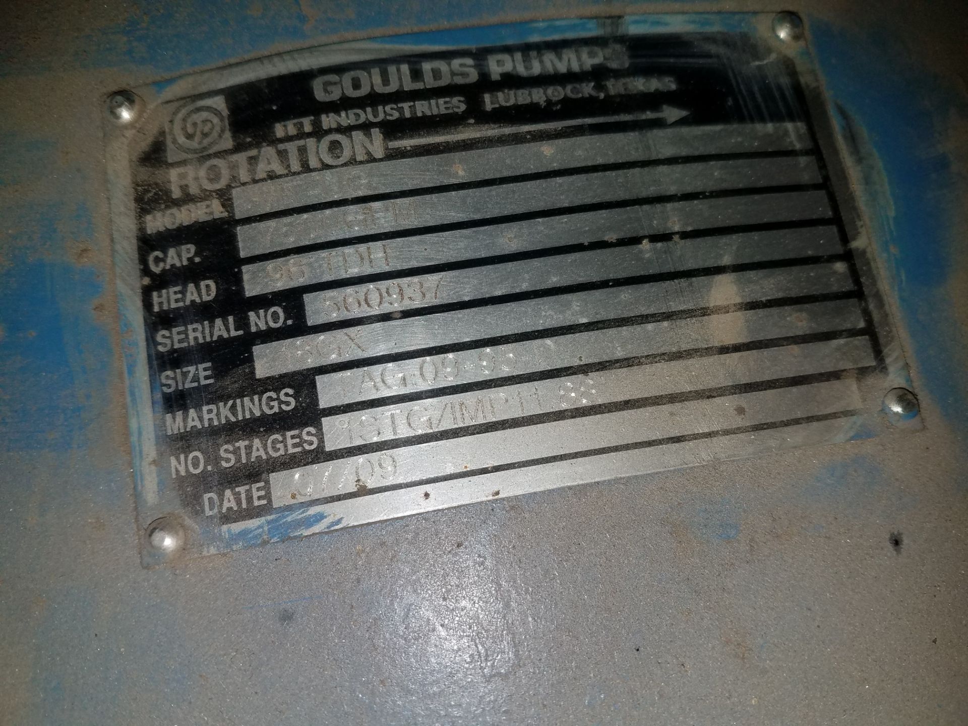 (1) GOULDS PUMP VERTICAL SUMP PUMP MODEL-VITUG S#560937; CAP-7500 GPM; HEAD-96 TDH; SIZE-18GX (1) - Image 2 of 3