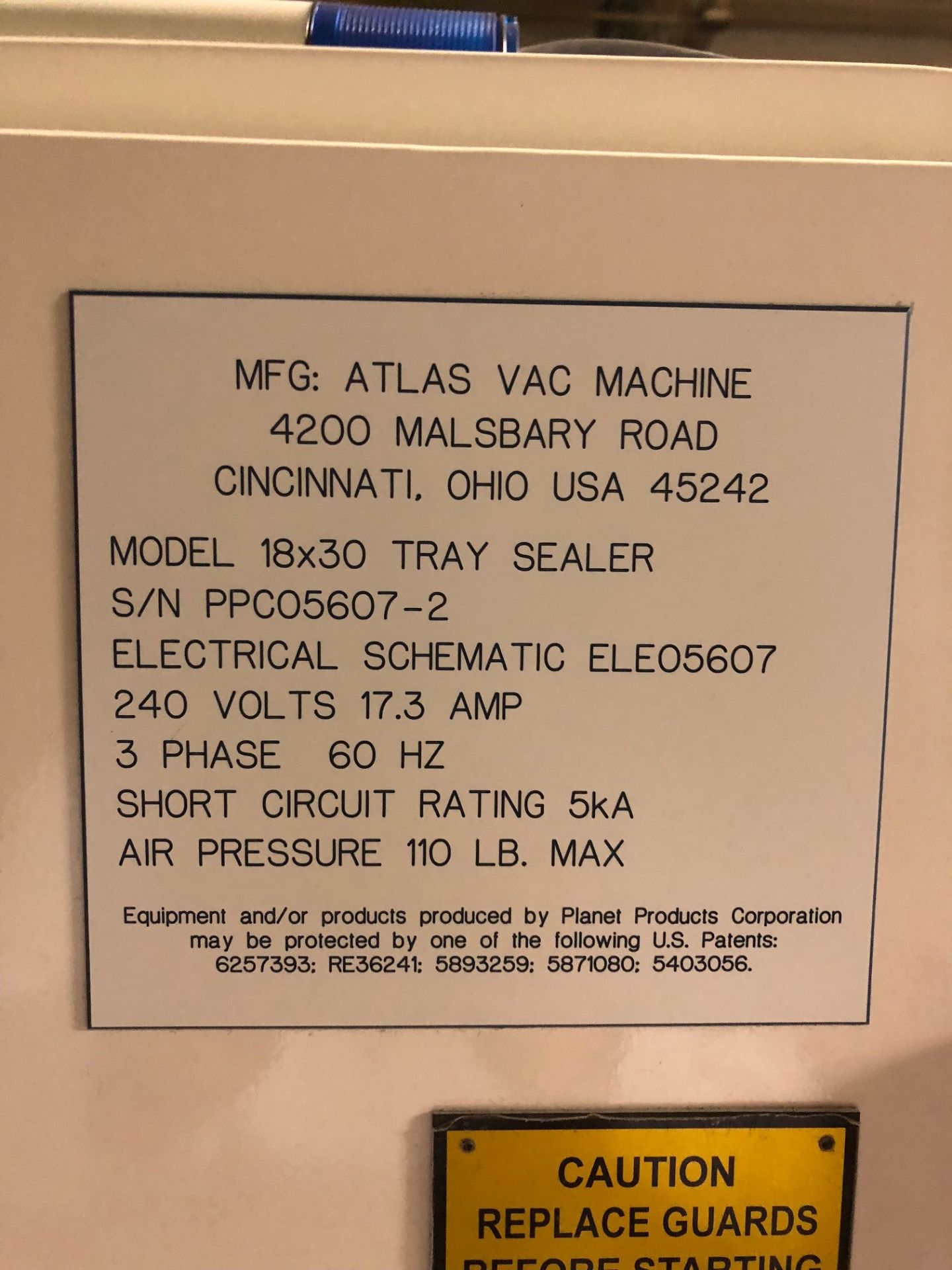 ATLAS VAC MACHINE; MODEL # 18X30 TRAY SEALER; S/N - PPC05607-2; 240 V; 17.3 AMPS; 3 PH; 60 HZ WITH - Image 5 of 5