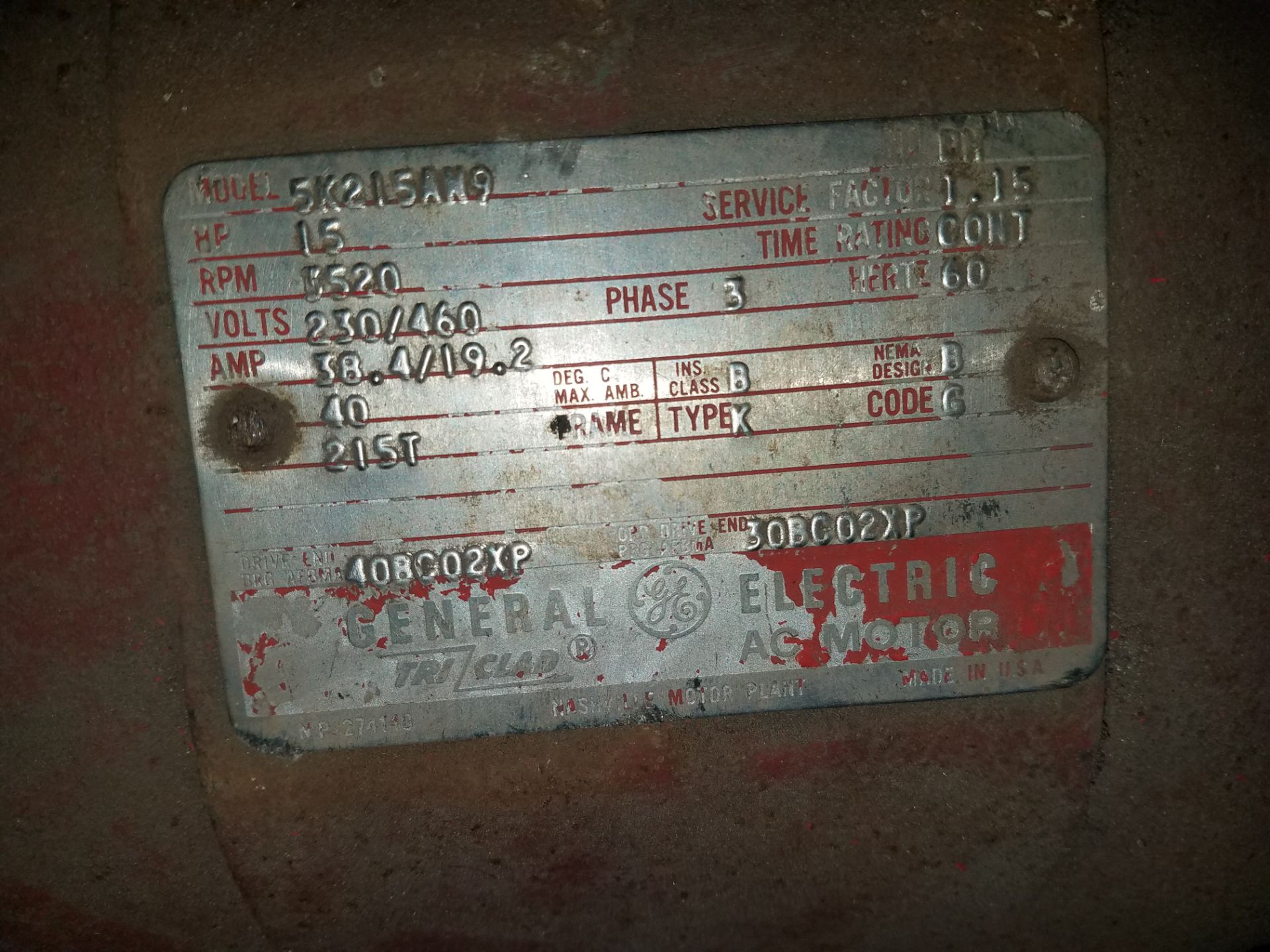 (1) GE ENERGY SAVER XSD ULTRA AC MOTOR 25 HP (1) GE TRICLAD AC MOTOR 15 HP(LOCATED AT 2000 TAYLOR - Image 4 of 4