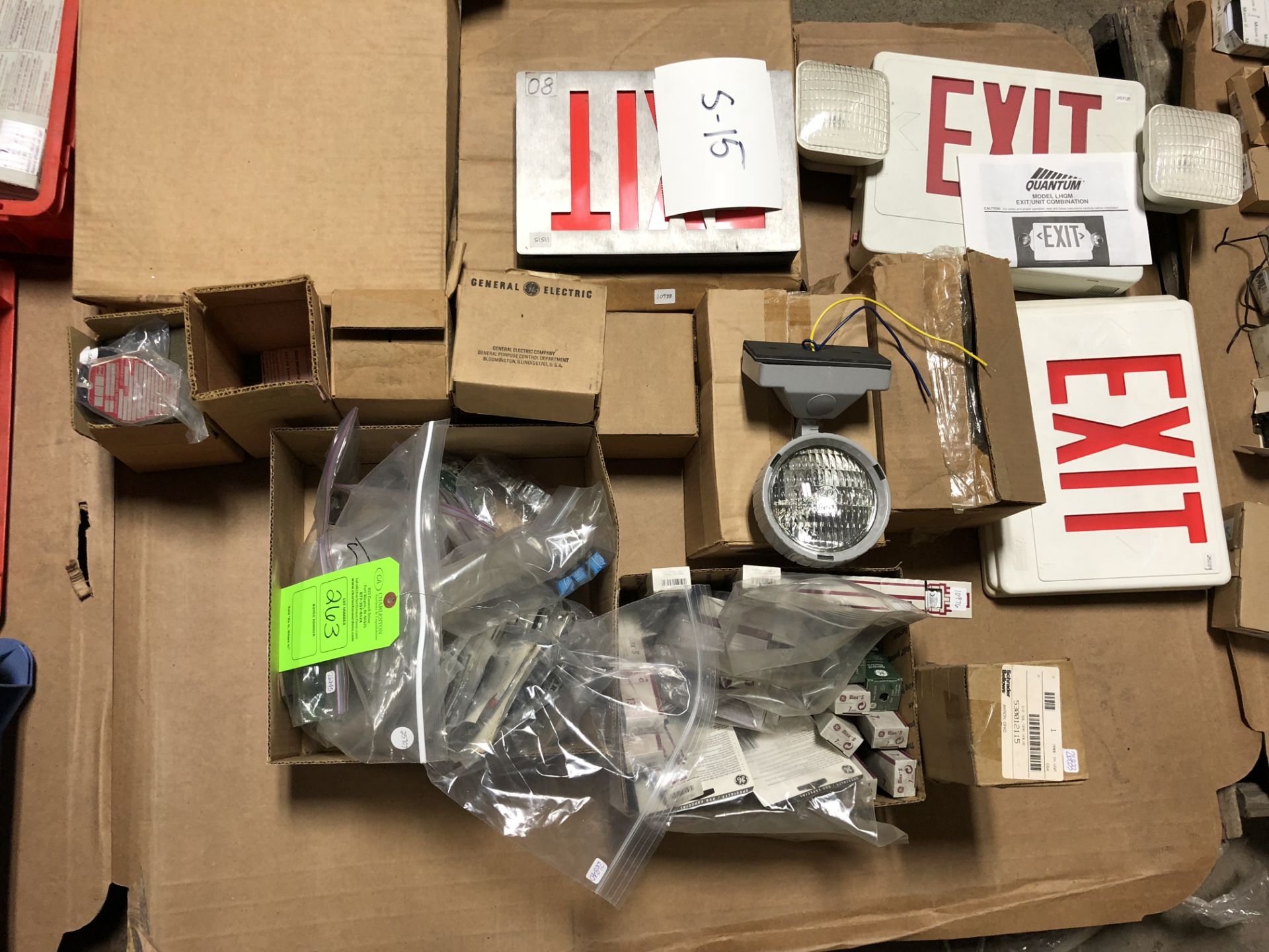 ASSORTED INFORMATION PLATEX; EXIT SIGNS; GE LIGHT BULBS-13W F13BX; GE CONTACTOR-CR305X500S; ELAN