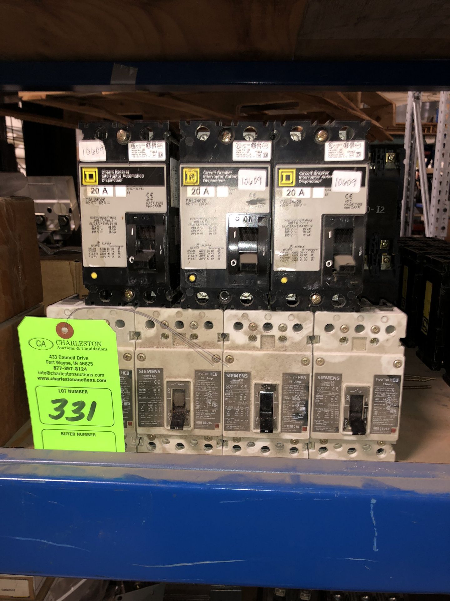 (7) ASSORTED CIRCUIT BREAKERS; SQUARE D 15-20A; 480V