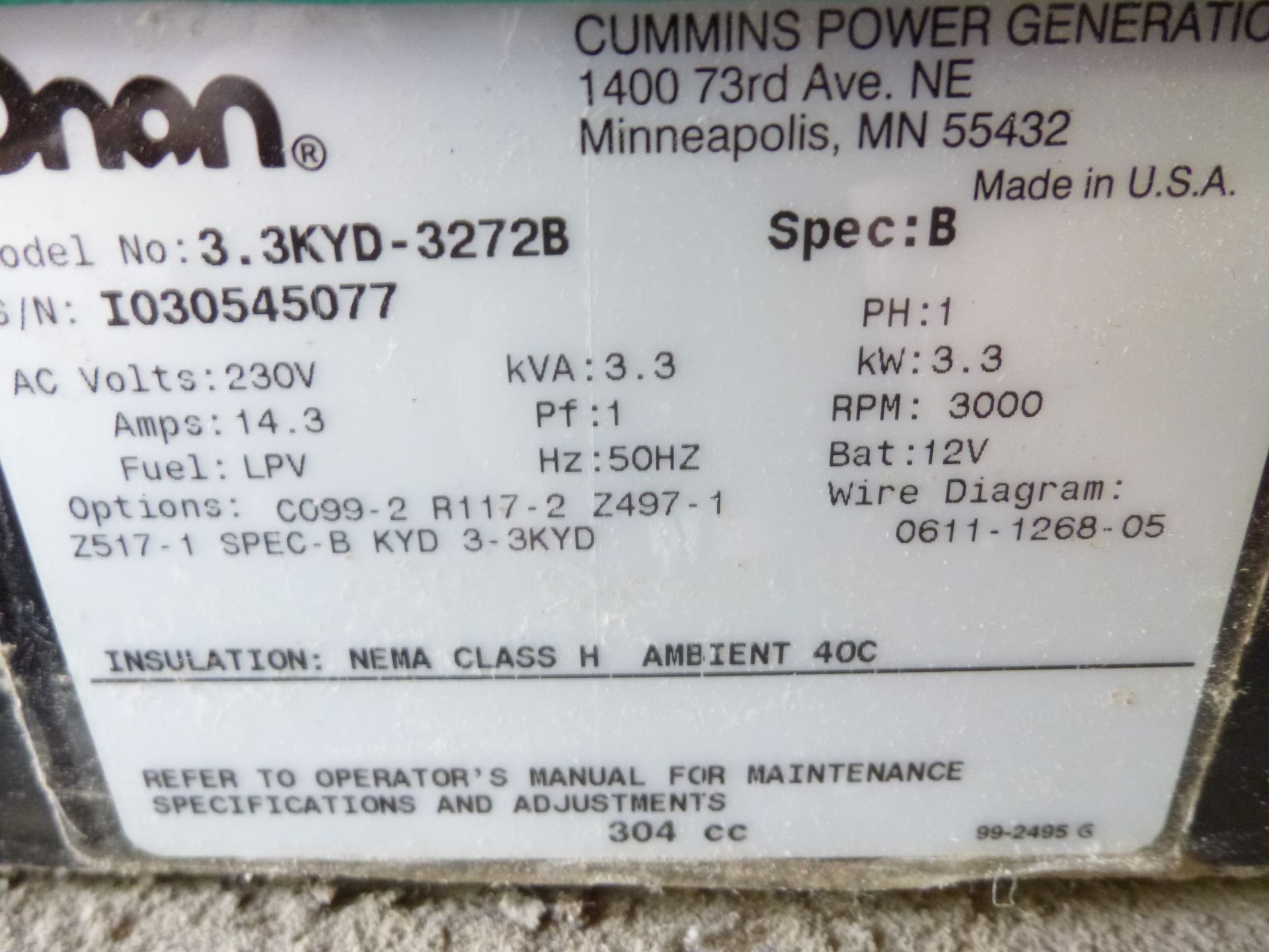 Onan model 3.3KYD-3272B generator, propane, 3.3kw single phase, 50hz, electric start, cover says - Image 2 of 5