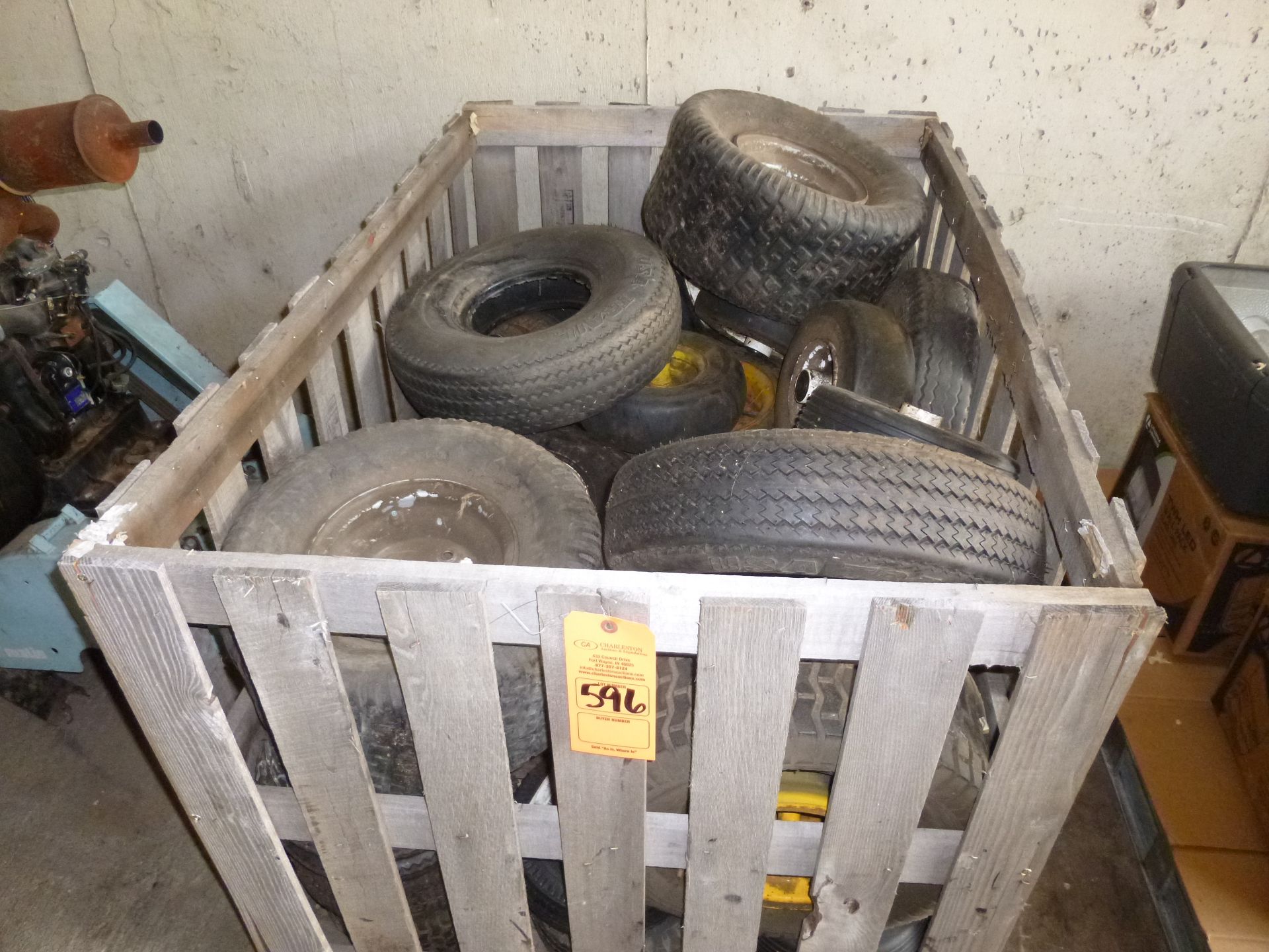 Hopper of wheels and tires for mowers and small trailers, some are used and some are new old stock