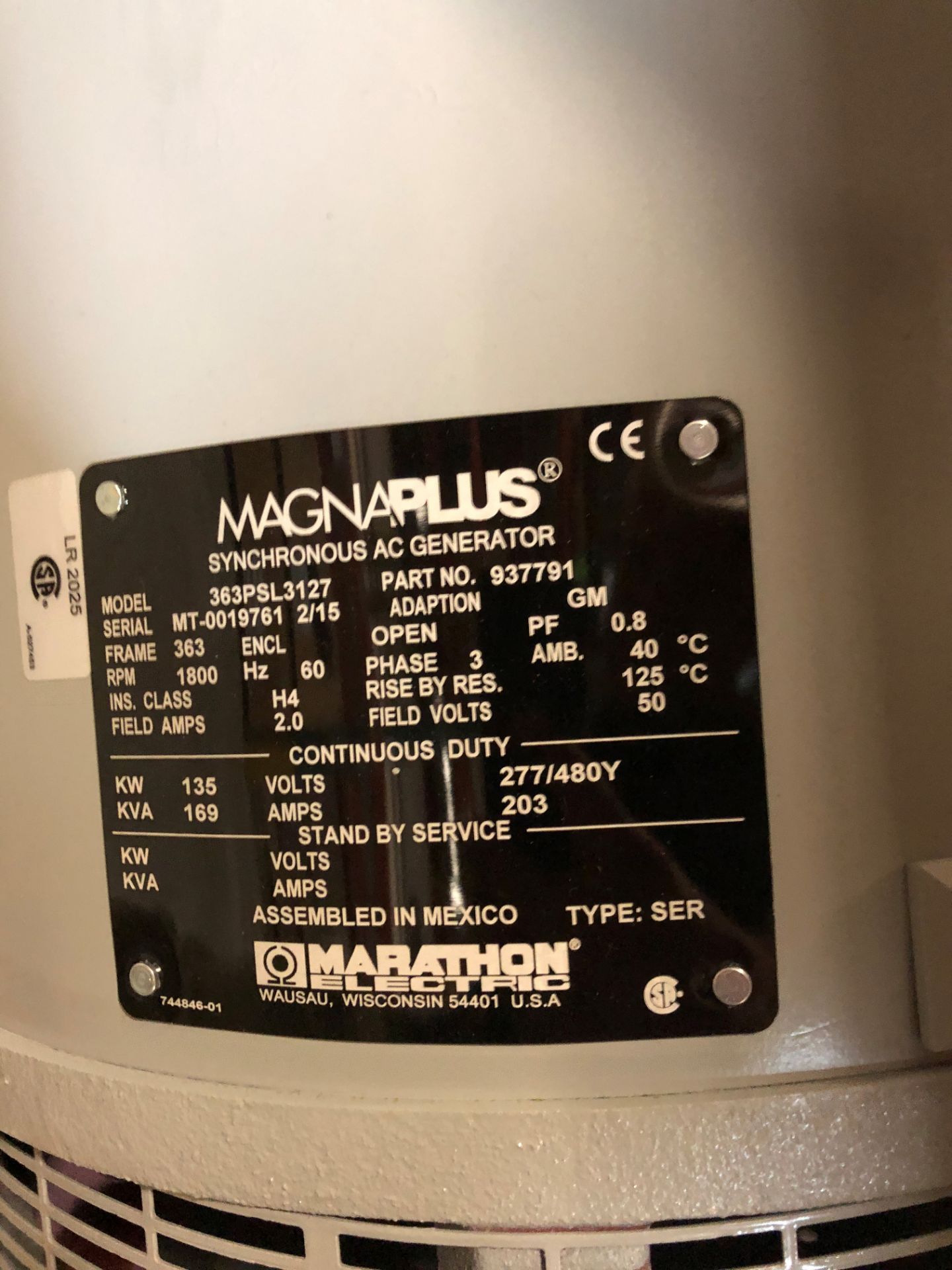 MAGNAPLUS SYNCHRONOUS GENERATOR MODEL-363PSL3127; 135KW/480V/4POLE/3PH/60HZ/1800RPM/363FRAME - Image 2 of 2