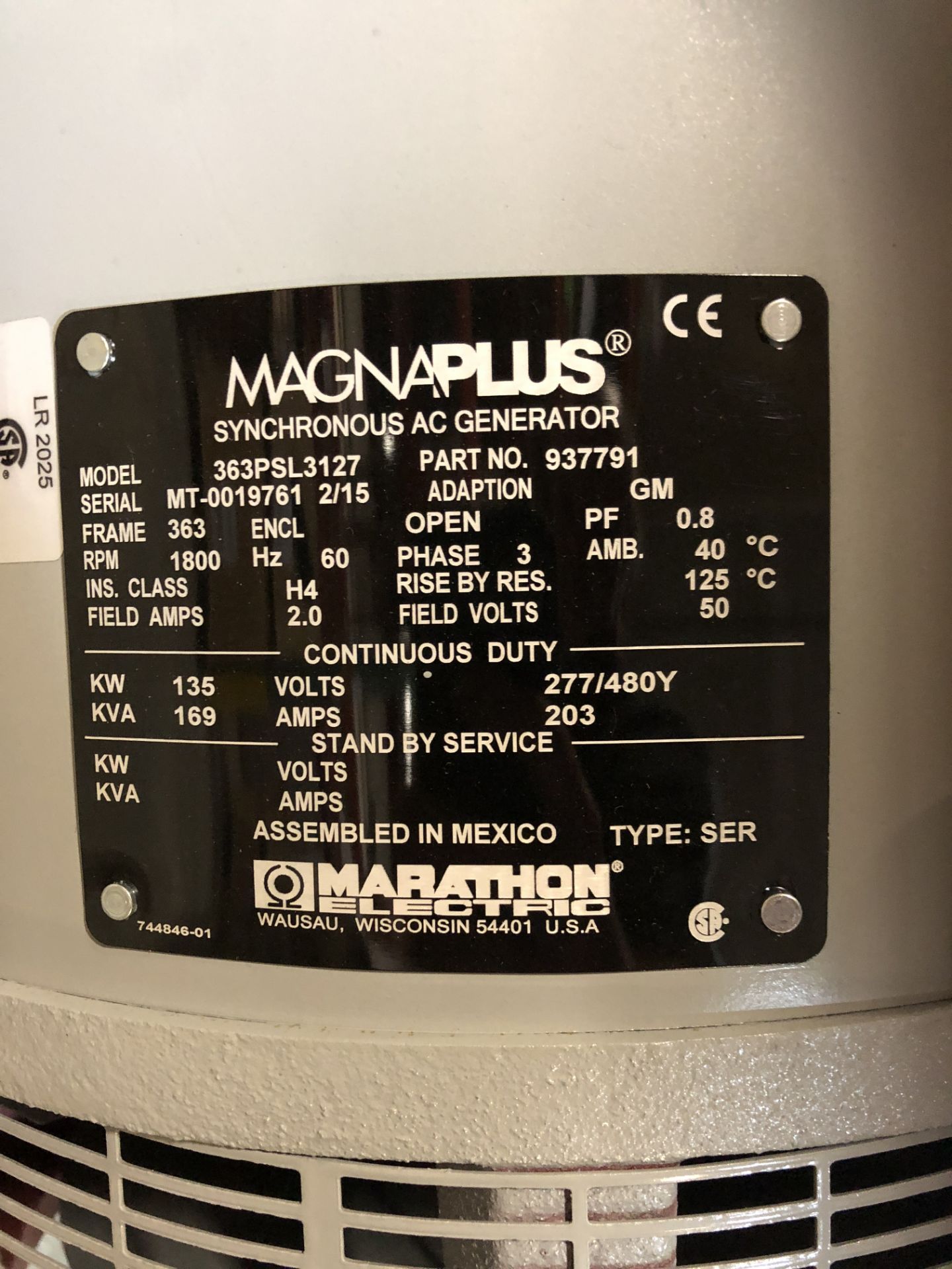 MAGNAPLUS SYNCHRONOUS GENERATOR MODEL-363PSL3127; 135KW/480V/4POLE/3PH/60HZ/1800RPM/363FRAME - Image 3 of 3