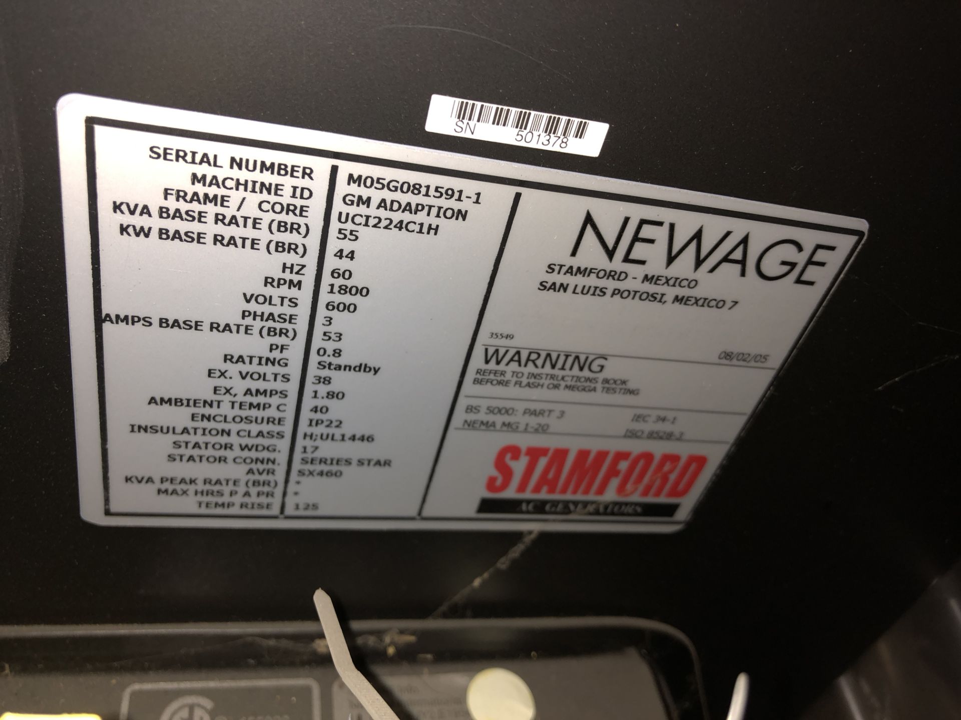 STAMFORD/NEWAGE GENERATOR 44KW 600V/4POLE/3PHASE/60HZ (MISSING PARTS) - Image 2 of 2