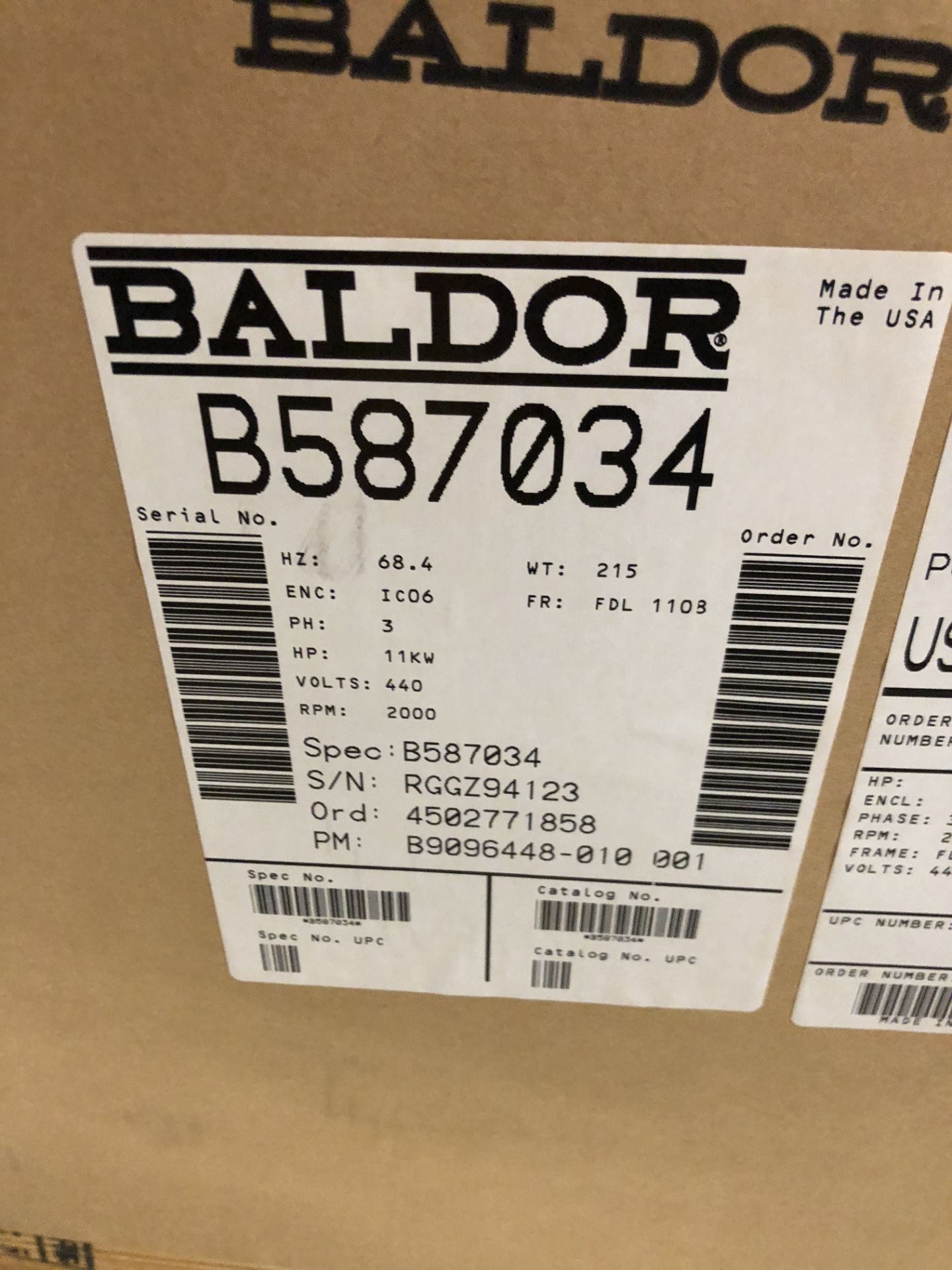 BALDOR ELECTRIC MOTOR MODEL-B587032 11KW 2000 RPM 440V ICO6 - Image 3 of 3