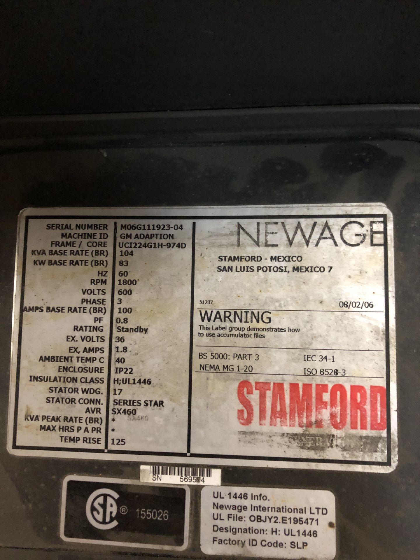 STAMFORD NEWAGE GENERATOR 83KW/600V/4POLE/5PHASE(MISSING PARTS) - Image 2 of 2