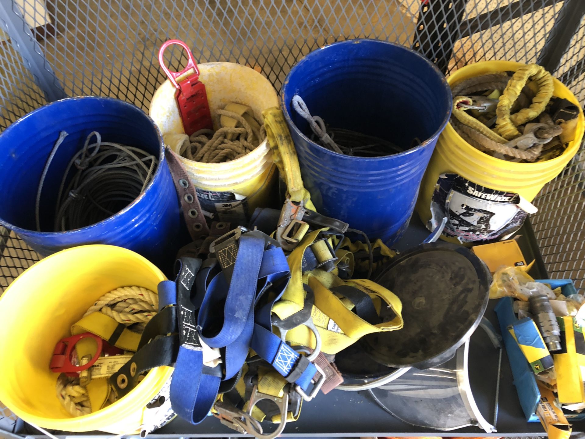 CONTENTS OF TOP SHELF INCLUDING SAFETY HARNESSES; ROPE; CABLE; JOHN DEERE COMPONENTS & MORE