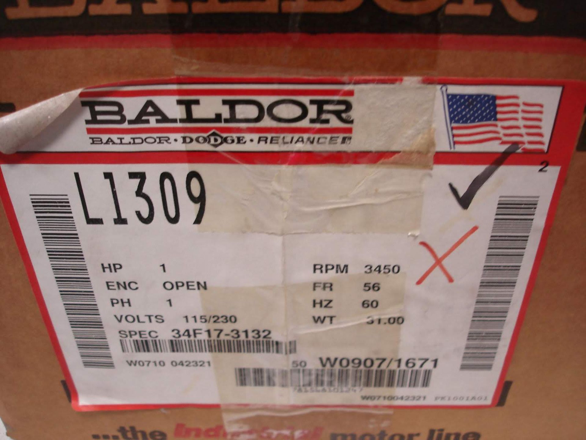 (1) *NIB* BALDOR L1309 ELECTRIC MOTOR HP1 VOLTS115/230 RPM3450 *NIB* - Image 2 of 3