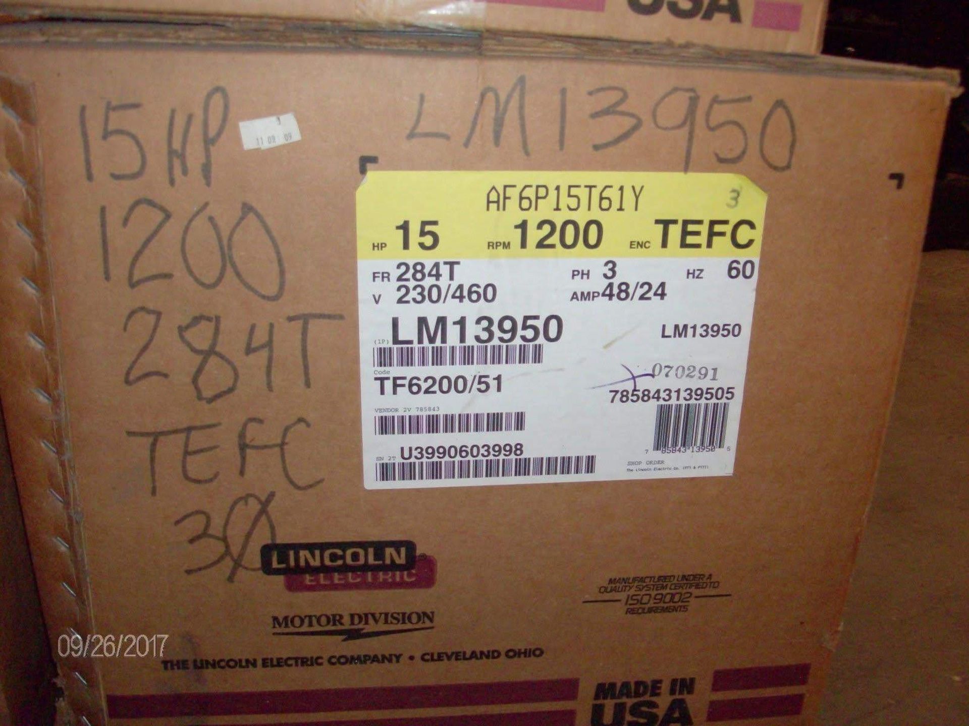 (1) *NIB* Lincoln Electric Motor LM13950 15HP 1200RPM encTEFC 284T *NIB* - Image 2 of 3