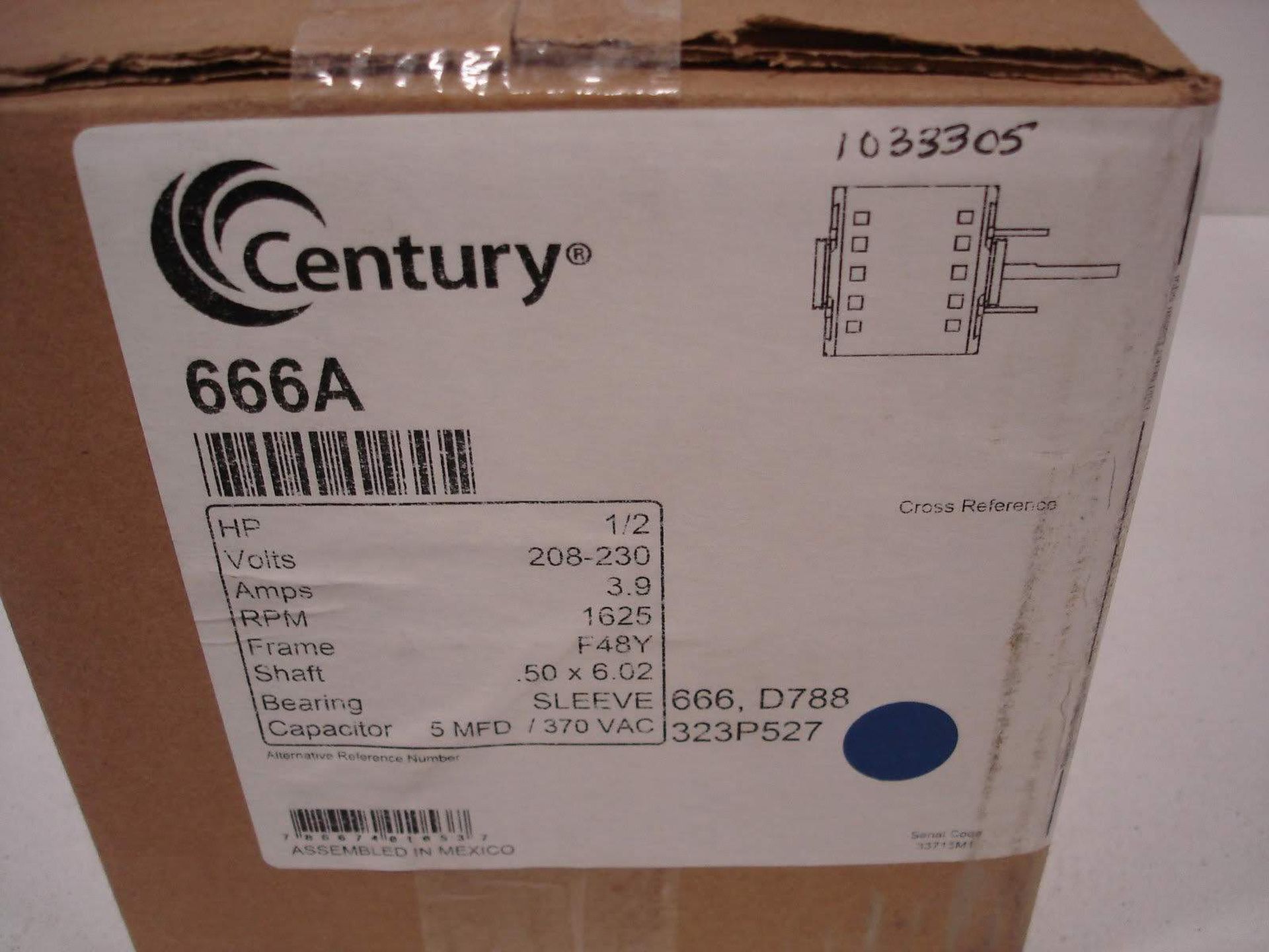 (1) *NIB* CENTURY 666A MOTOR HP1/2 VOLTS208-230 AMPS3.9 RPM1625 F48Y *NIB*; (1) *NIB* A.O. SMITH - Image 2 of 6