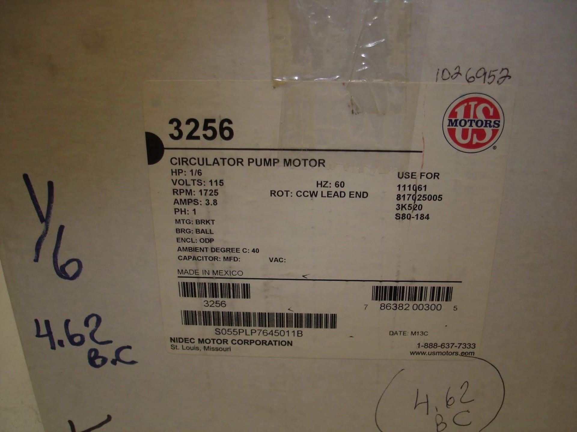 (1) *NIB* US Motors 3256 Circulating Pump Motor 1/6HP 115V 1725RPM PH:1 *NEW* - Image 2 of 3