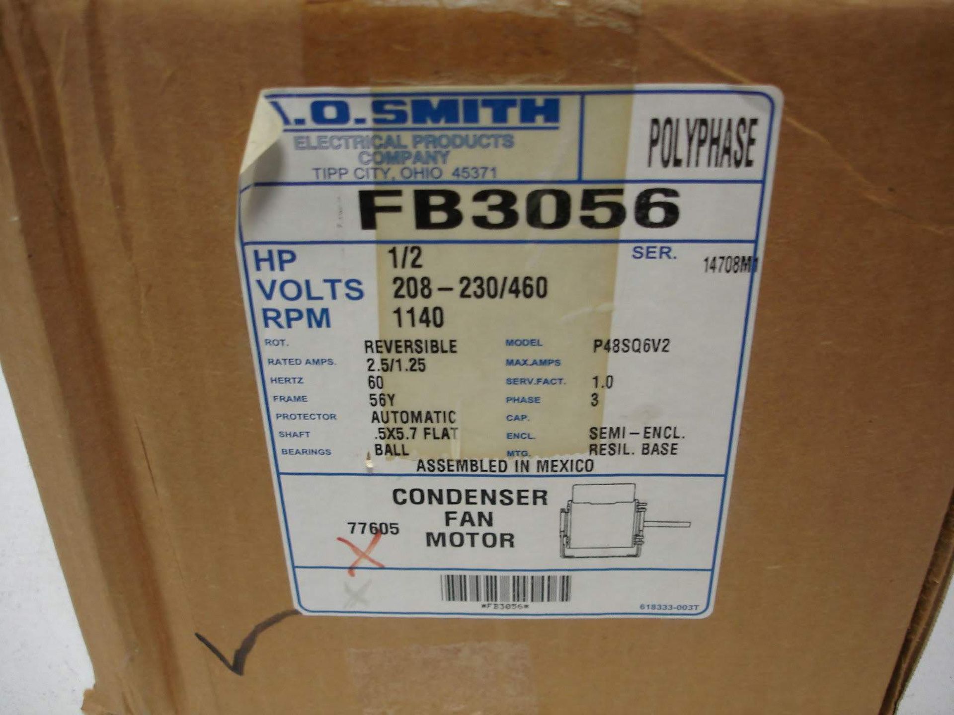 (1) *NIB* AO Smith FB3056 1/2HP RPM1140 CONDENSER FAN MOTOR *NIB* - Image 2 of 3