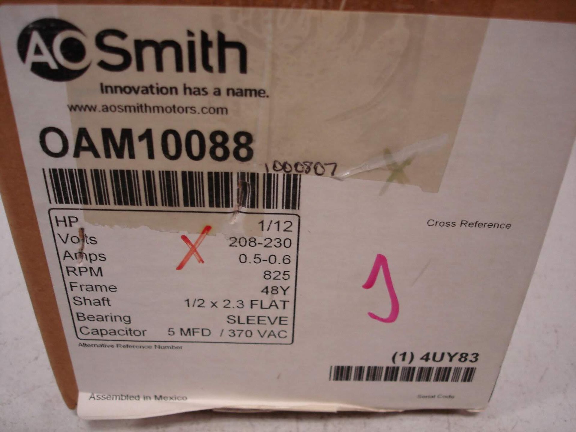 (1) *NEW* AO SMITH OAM10088 CONDENSER FAN MOTOR HP1/2 VOLTS208/230 RPM825 *NEW*; (1) *NEW* CENTURY - Image 3 of 9