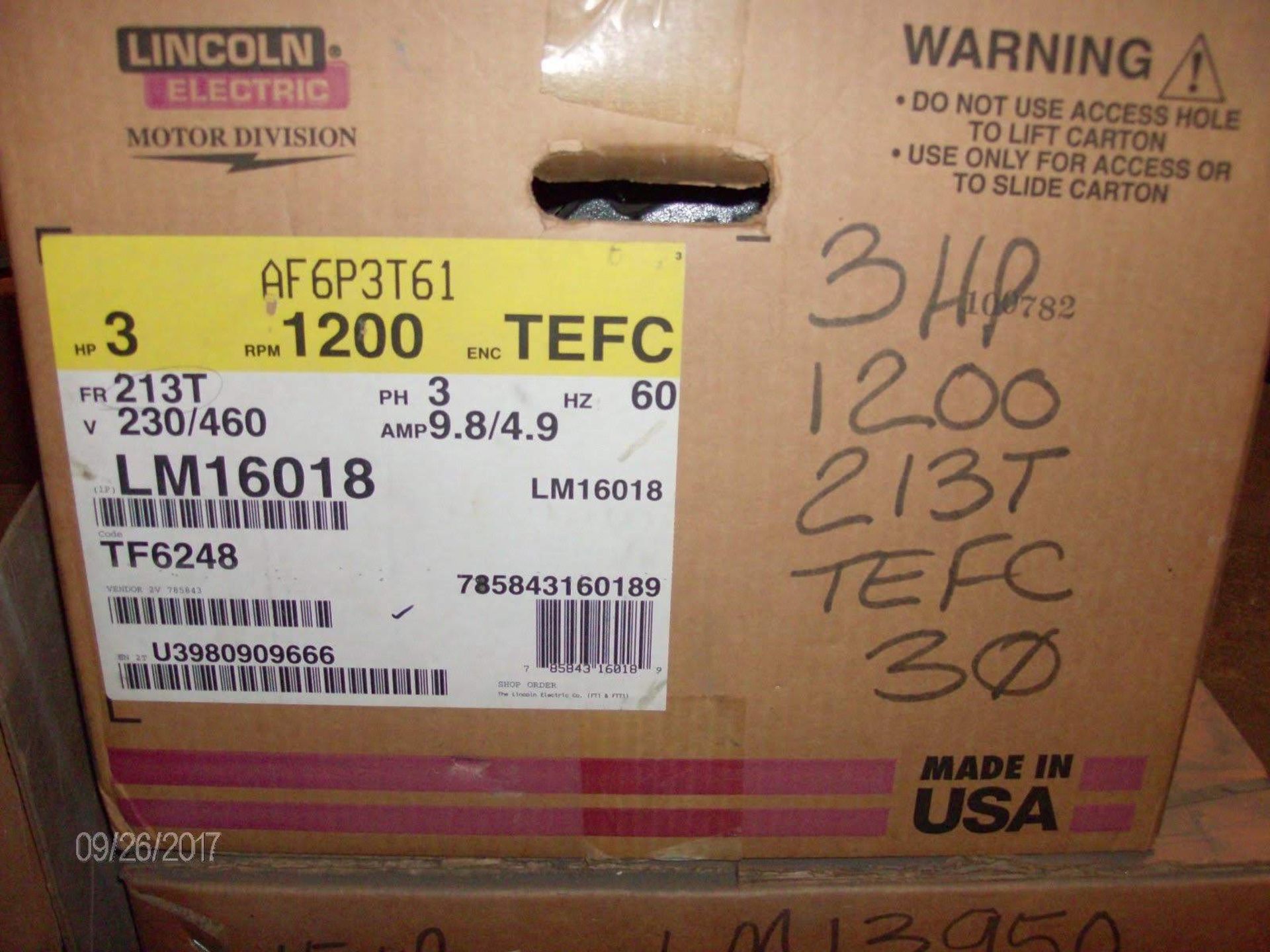 (1) *NIB* Lincoln Electric Motor LM16018 3HP 1200RPM enc TEFC *NIB* - Image 4 of 5