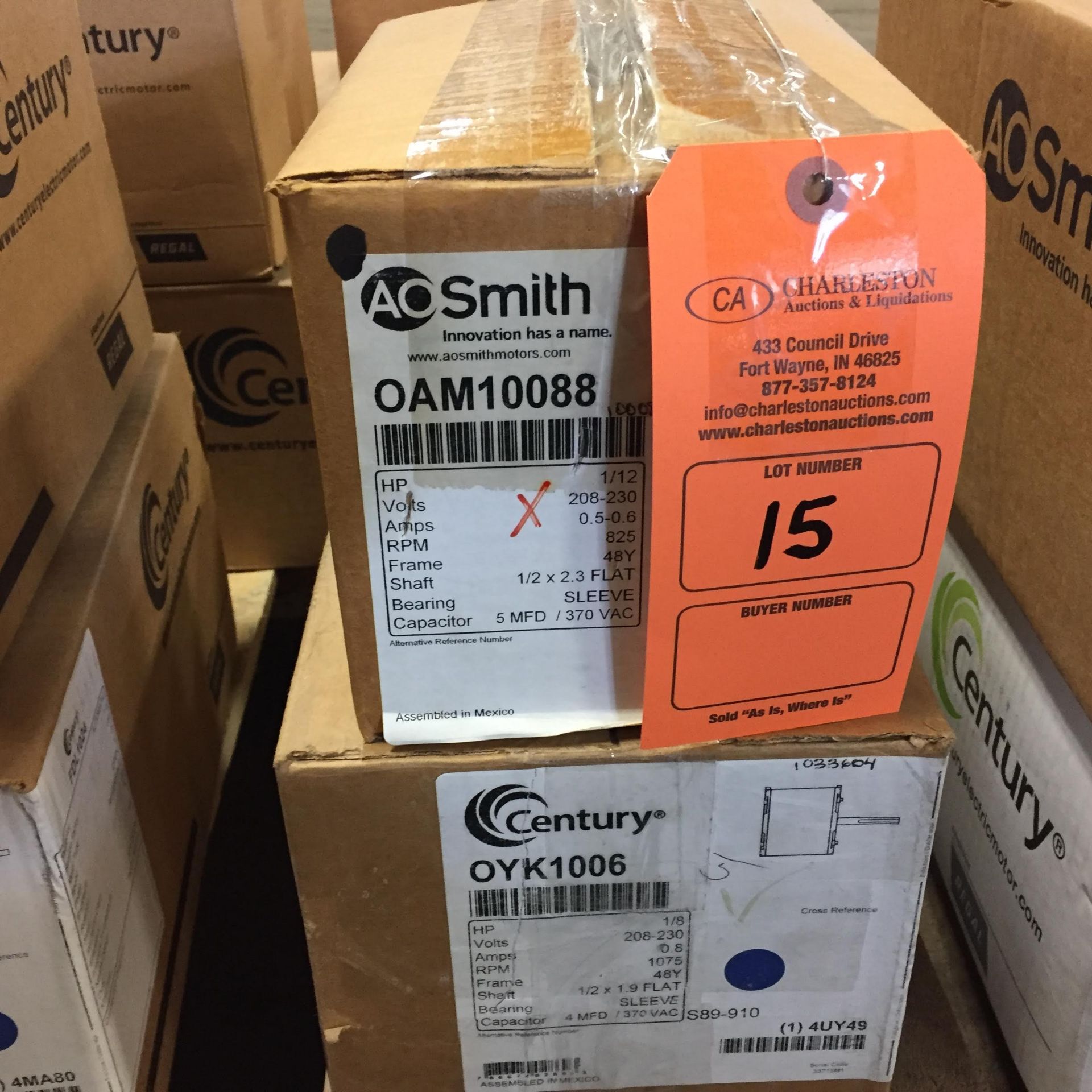 (1) *NEW* AO SMITH OAM10088 CONDENSER FAN MOTOR HP1/2 VOLTS208/230 RPM825 *NEW*; (1) *NEW* CENTURY - Image 2 of 9