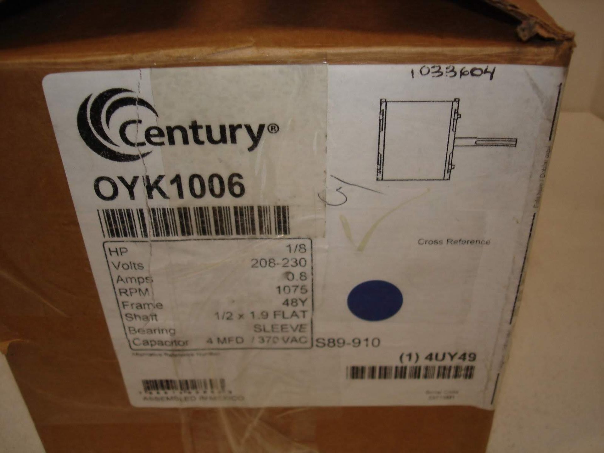 (1) *NEW* AO SMITH OAM10088 CONDENSER FAN MOTOR HP1/2 VOLTS208/230 RPM825 *NEW*; (1) *NEW* CENTURY - Image 6 of 9