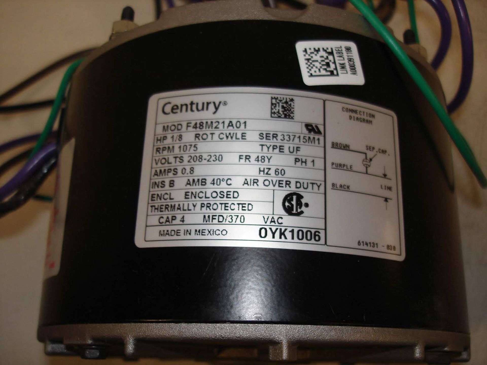 (1) *NEW* AO SMITH OAM10088 CONDENSER FAN MOTOR HP1/2 VOLTS208/230 RPM825 *NEW*; (1) *NEW* CENTURY - Image 9 of 9