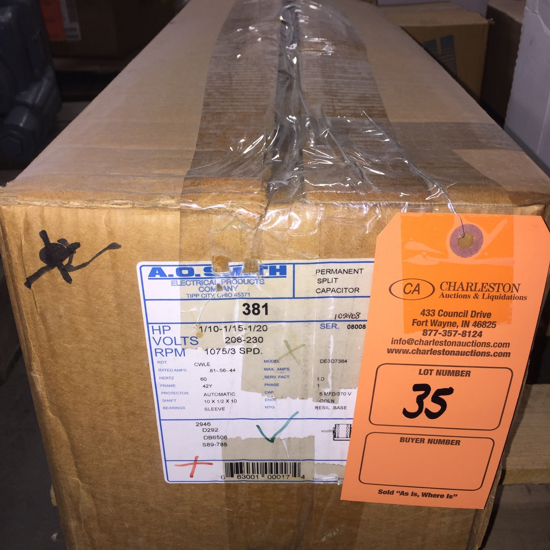 (1) *NIB* AO SMITH 381 HP1/10-1/15-1/20 VOLTS208-230 RPM 1075/3 SPD ELECTRIC *NIB*