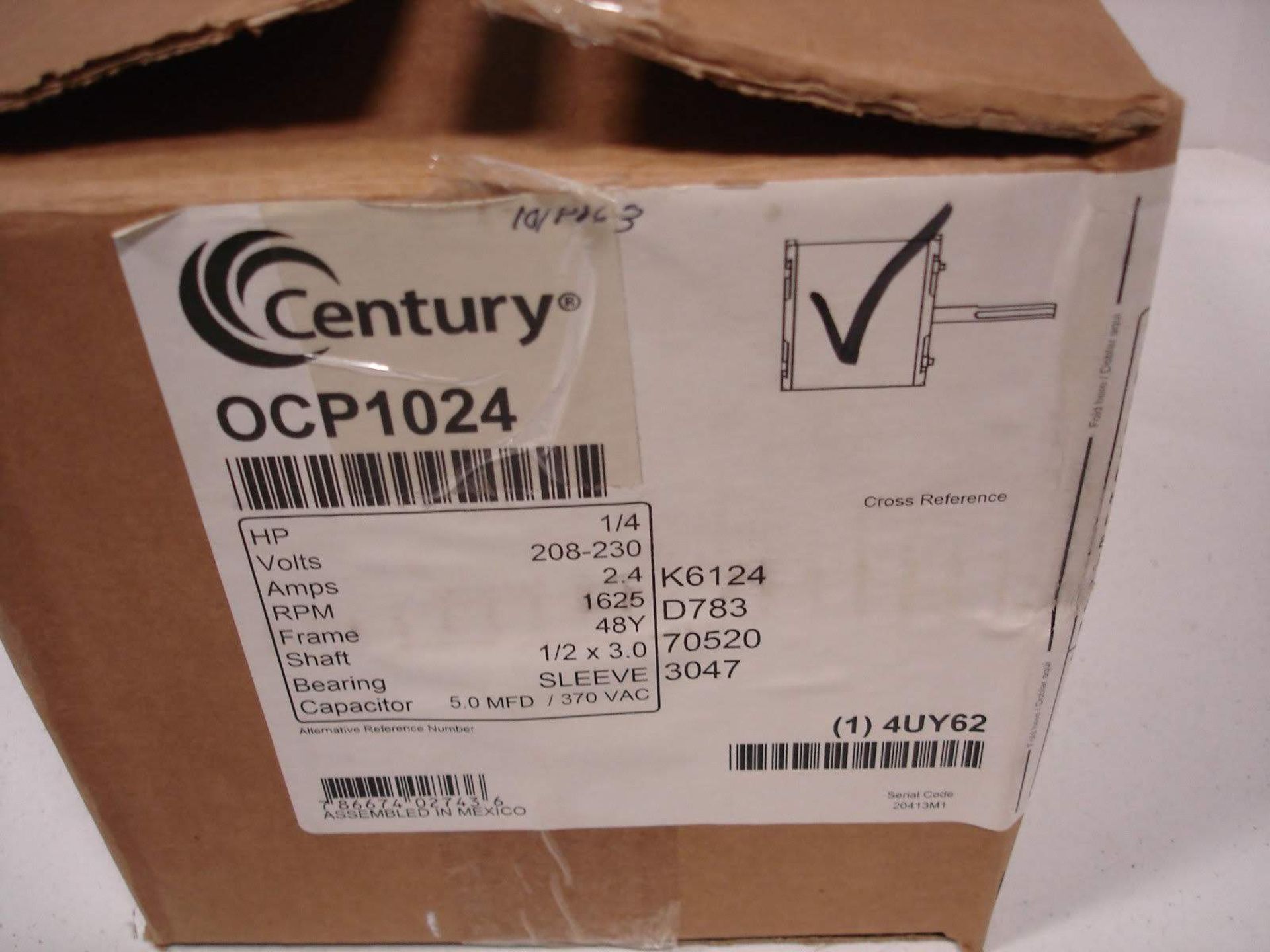 (1) *NEW* CENTURY OCP1024 MOTOR HP/1/4 VOLTS208-230 AMPS2.4 RPM1625 48Y *NEW*; (1) *NIB* AO SMITH - Image 2 of 9